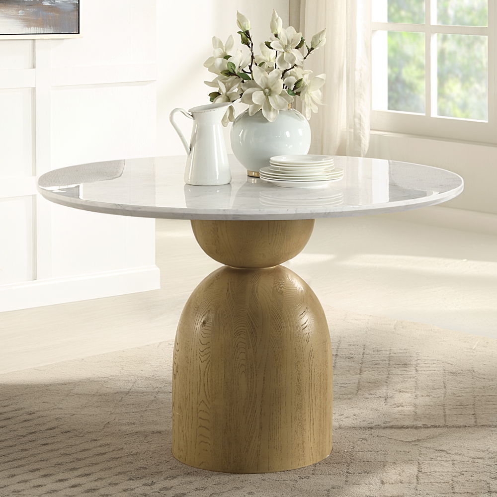 Kala - Round Dining Table With Marble Top - Natural Marble Top & Oak, light brown, view 6