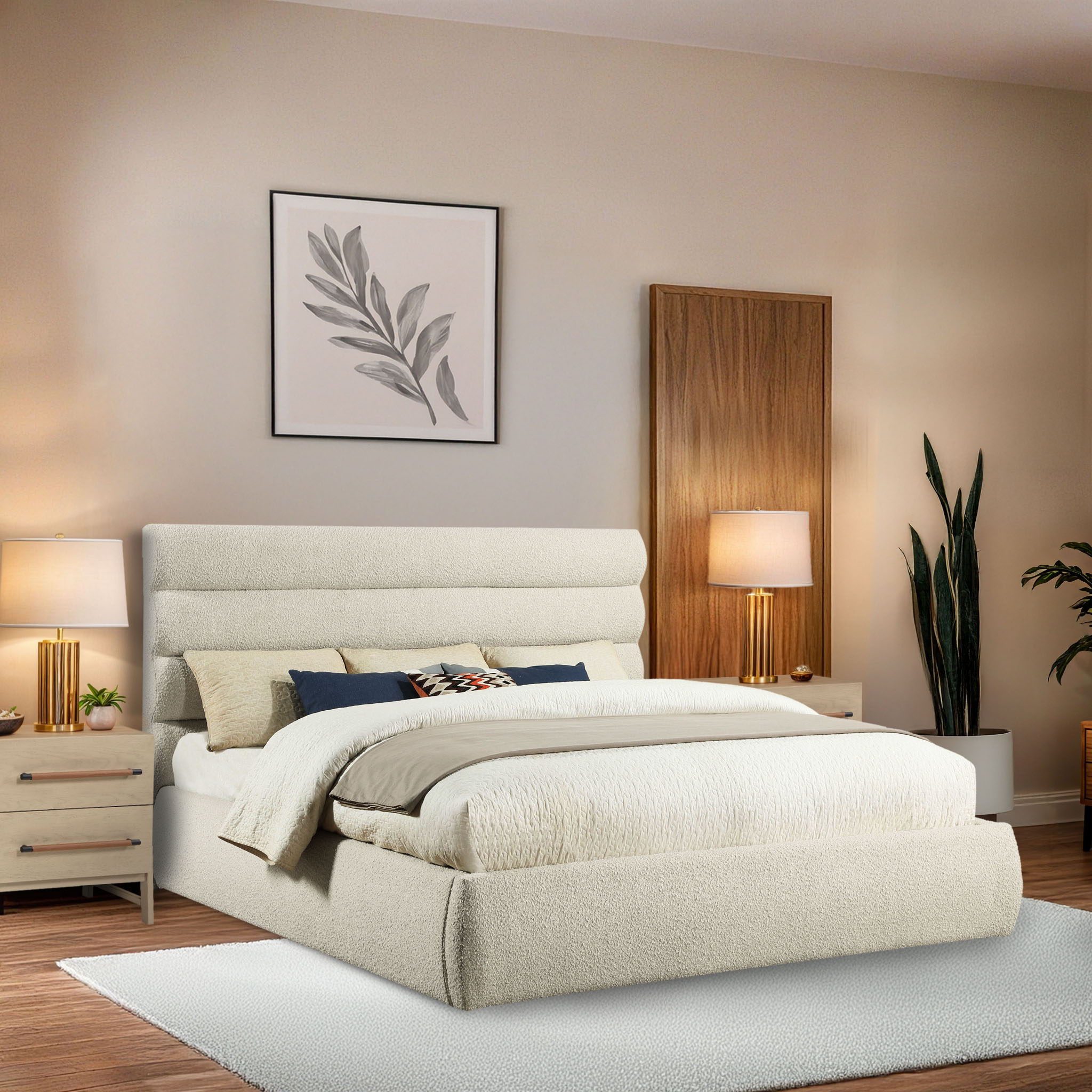 Adam - Boucle Fabric King Bed With 52" Headboard - White