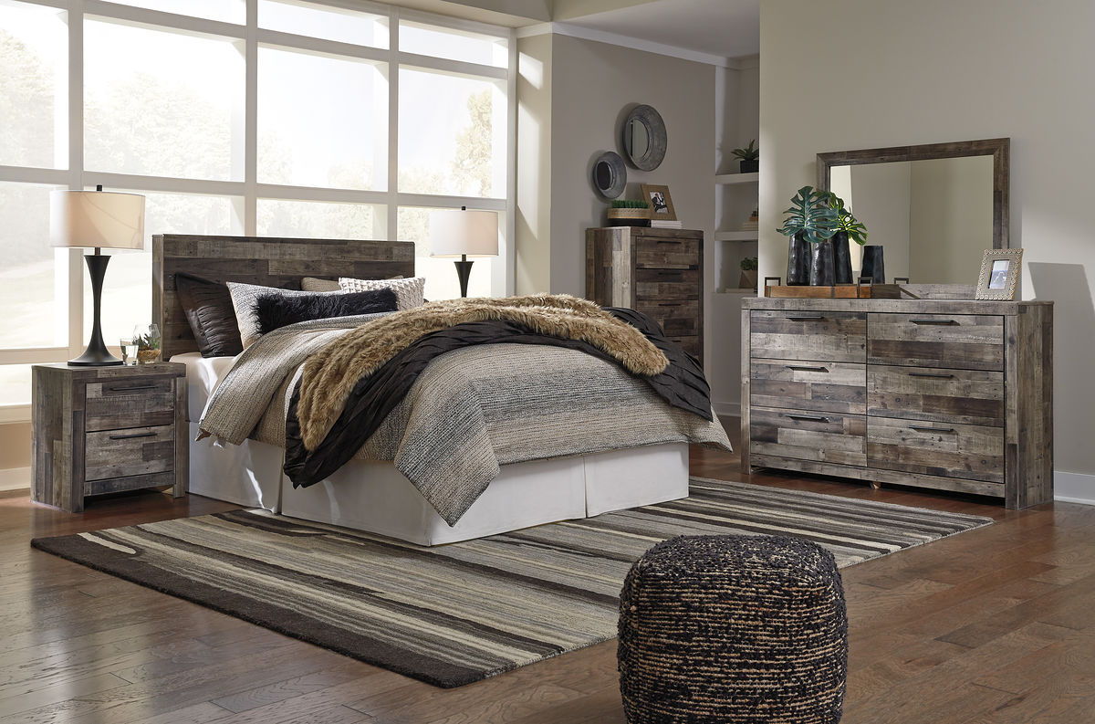 Queen · 6 Pc · Queen Panel Headboard with Bolt on Bed Frame, Dresser, Mirror, Chest, Nightstand