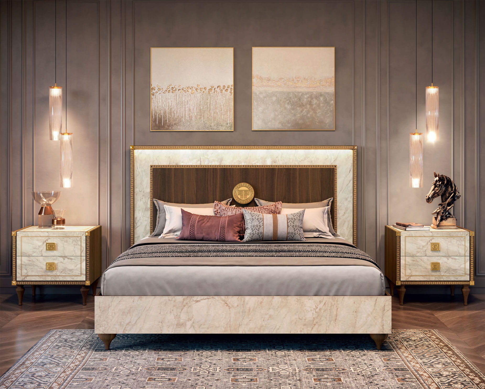 Romantica - Queen Size Bed - Light Beige / Brown Walnut