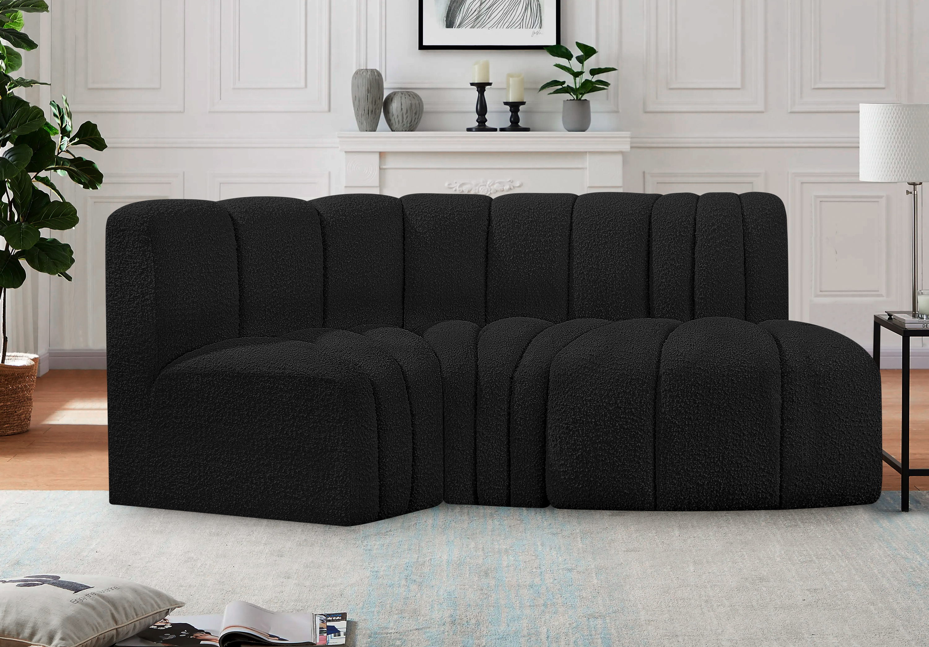 Arc - Boucle Fabric 3 Piece Modular L-Shaped Sofa - Black