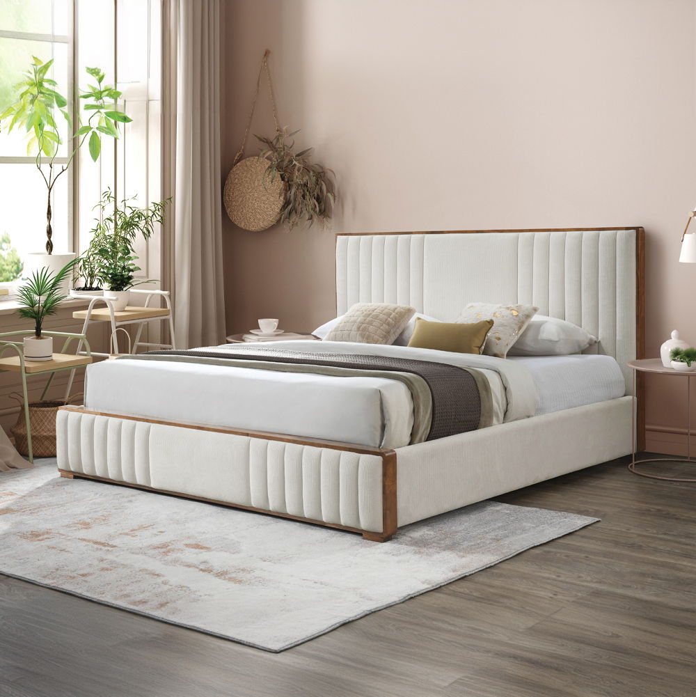 Kaleea - Eastern King Bed - Beige Chenille & Walnut, white, view 4