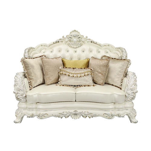 Adara - Loveseat With 5 Pillows - Pearl White Synthetic Leather & Antique White, white