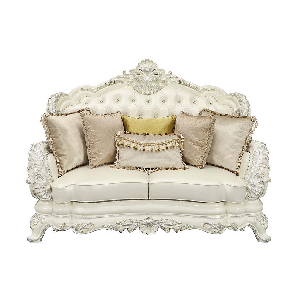 Adara - Loveseat With 5 Pillows - Pearl White Synthetic Leather & Antique White, white