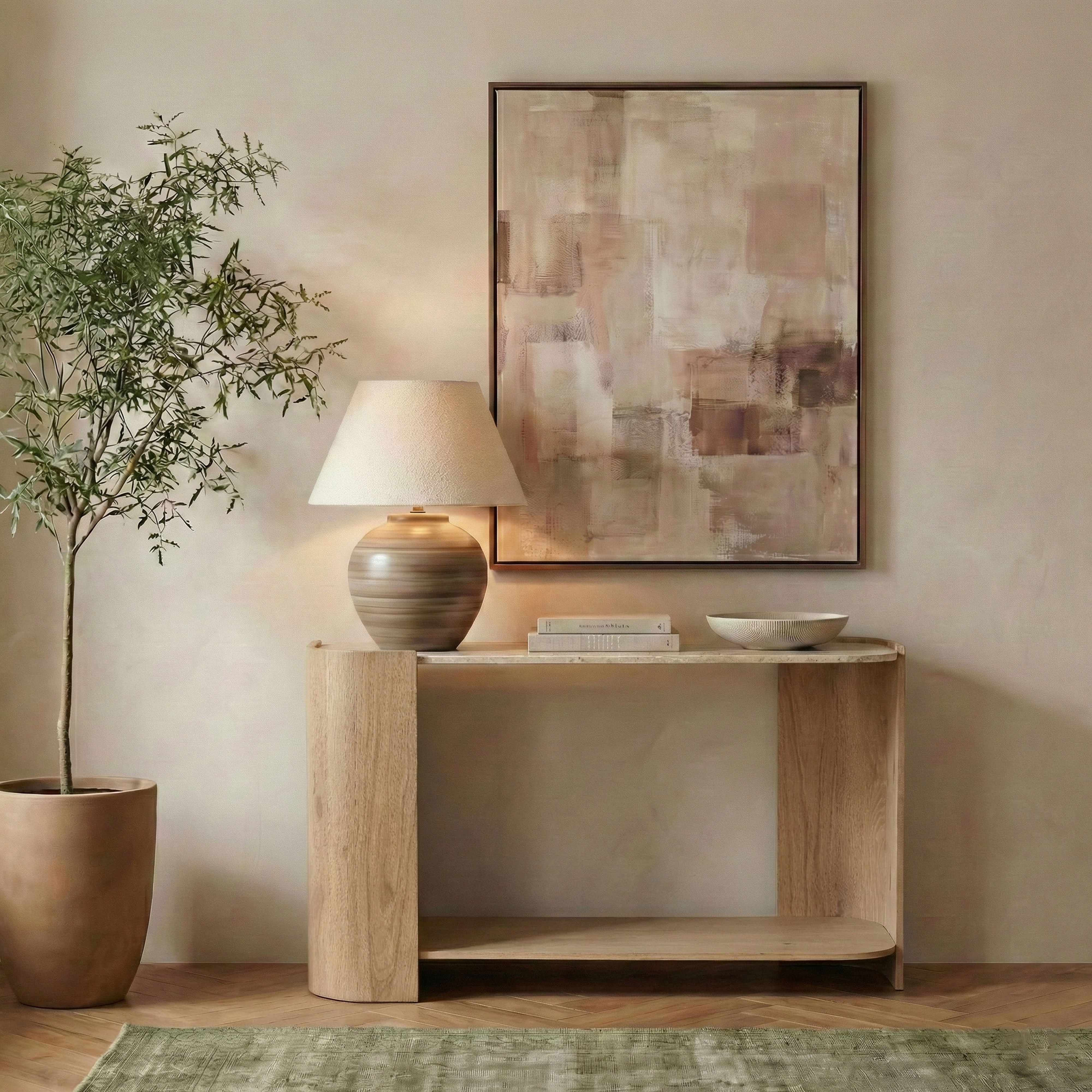 Calabria - Marble And Oak Wood Console Table - Beige / Natural