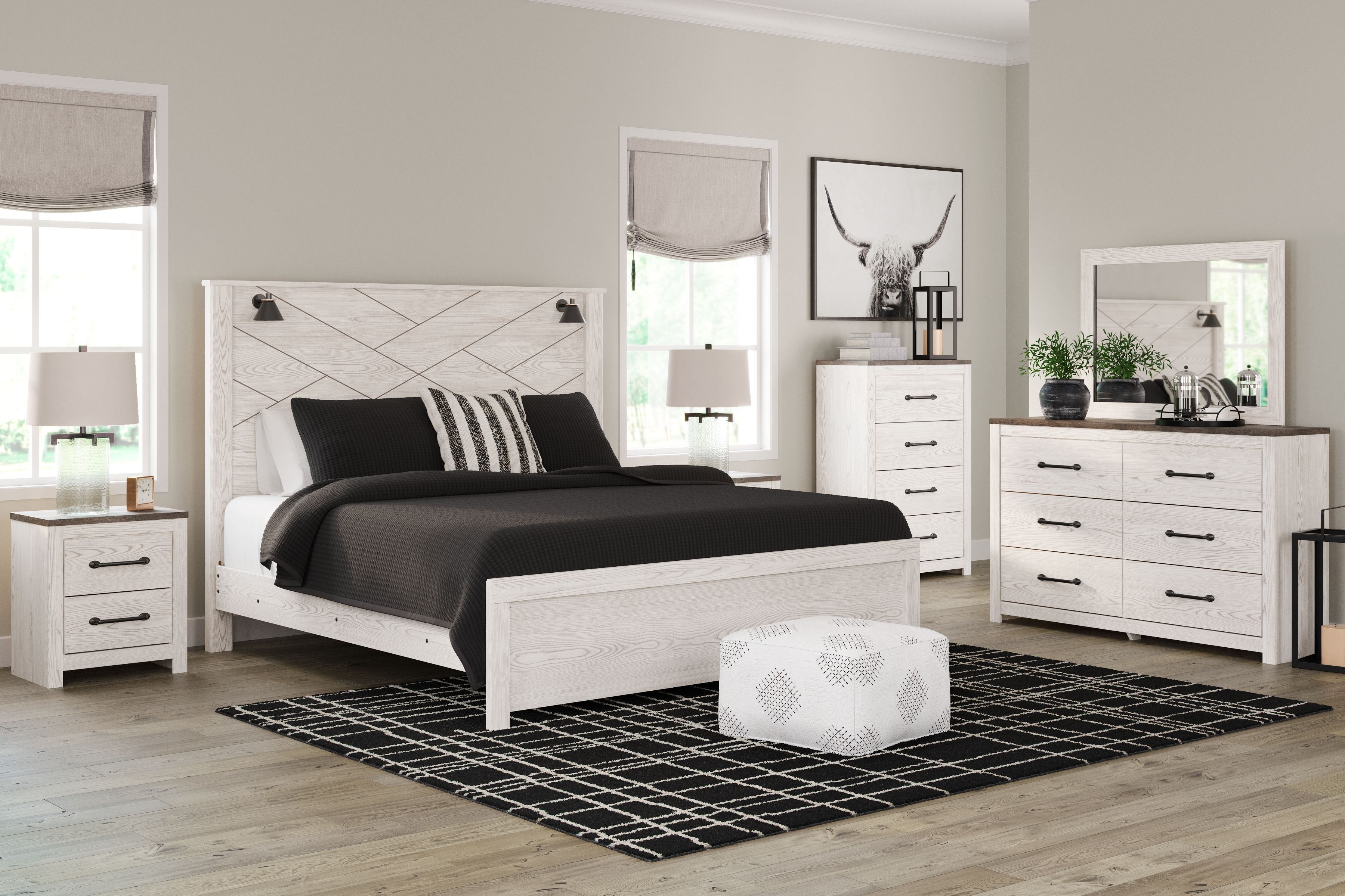Gerridan - 5 Pc. - Dresser, Mirror, King Panel Bed with Sconces - White