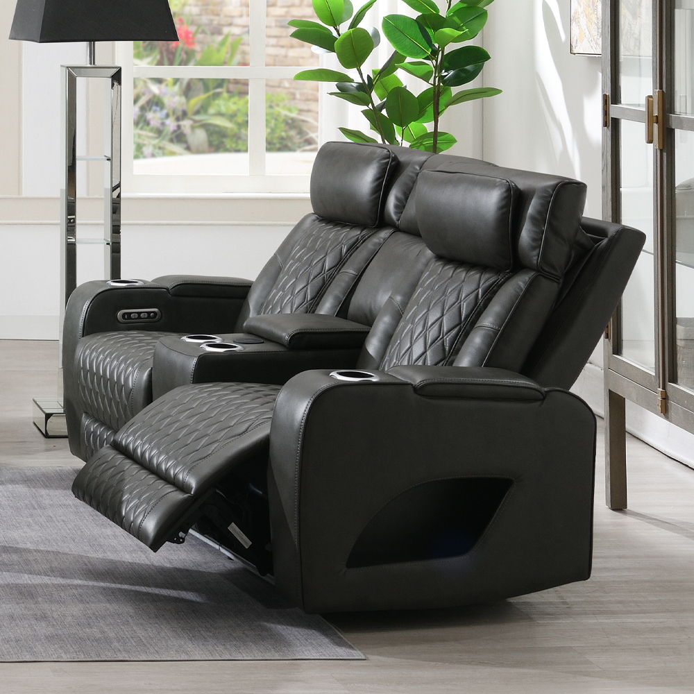 Taddeo - Power Motion Loveseat With Console, Speaker, USB, Wireless Charger & LED - Dark Gray, dark gray