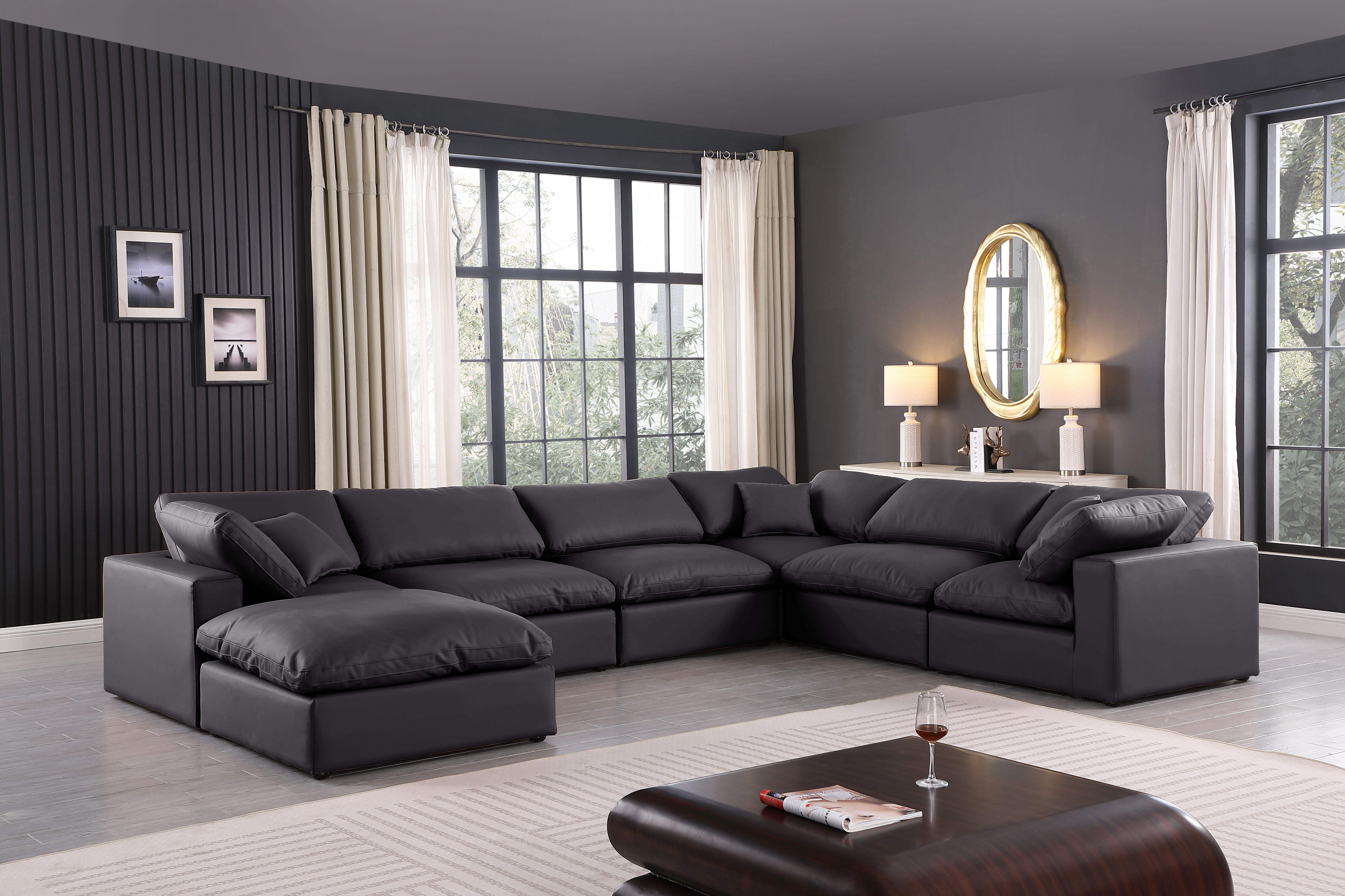 Comfy - 7 Piece Faux Leather Modular Sectional With Chaise - Charcoal