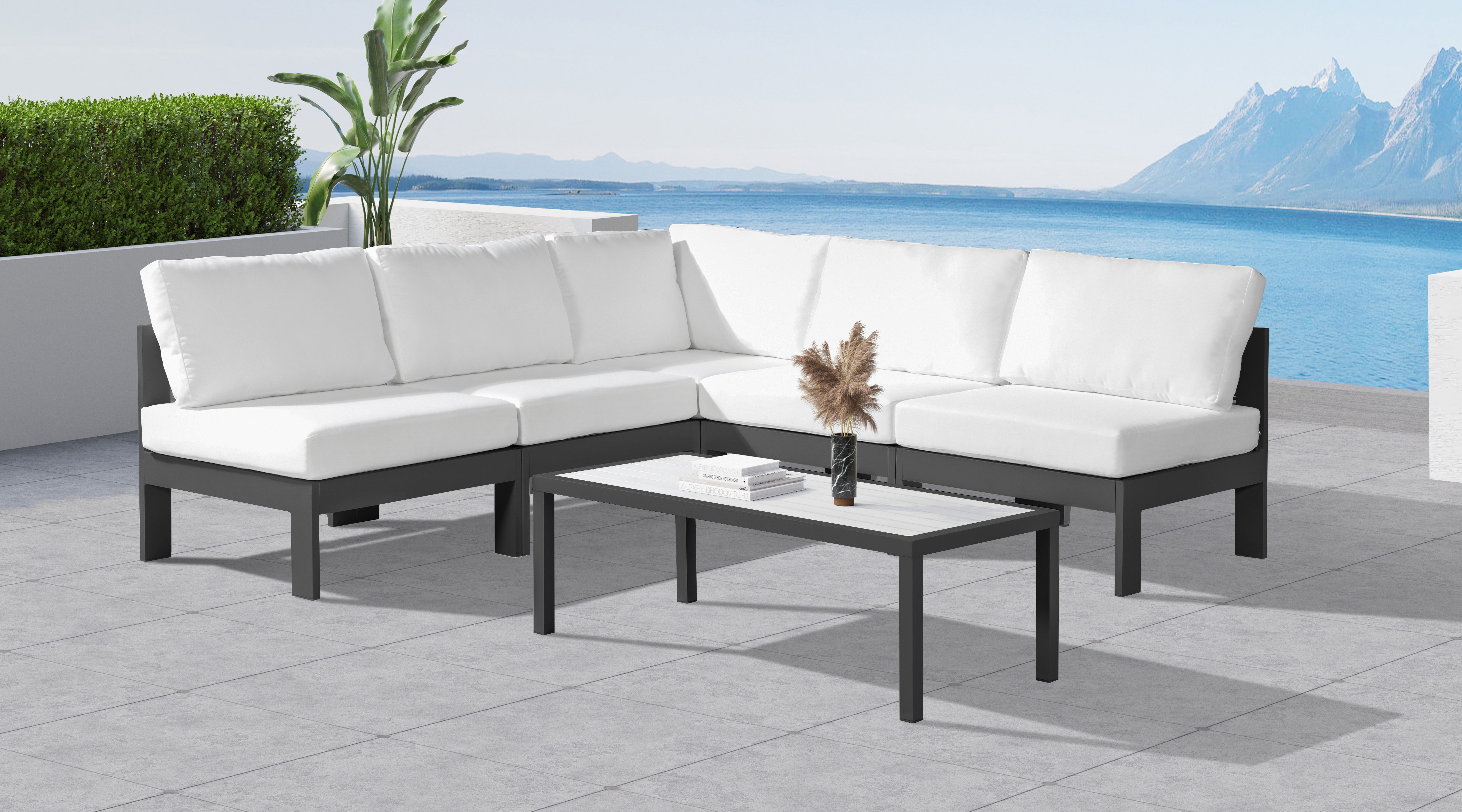 Nizuc - Outdoor Patio 5 Piece Modular Corner Armless Sectional With Gray Frame - White