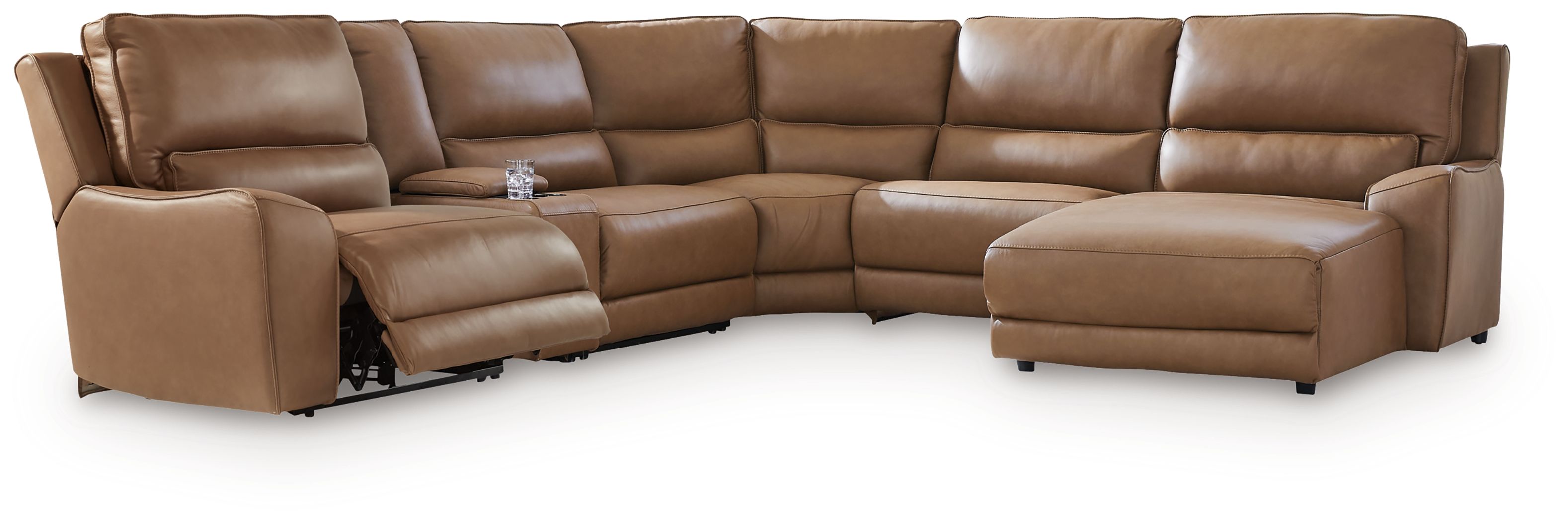 Ashley Furniture DeepWakes - 6-Piece Power Reclining Sectional With RAF Press Back Power Chaise And Storage Console - Caramel - Image 6