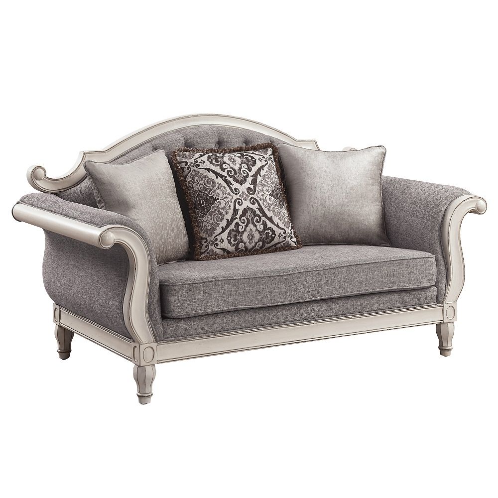 Florian - Loveseat With 3 Pillows - Gray Fabric & Antique White, gray, view 3