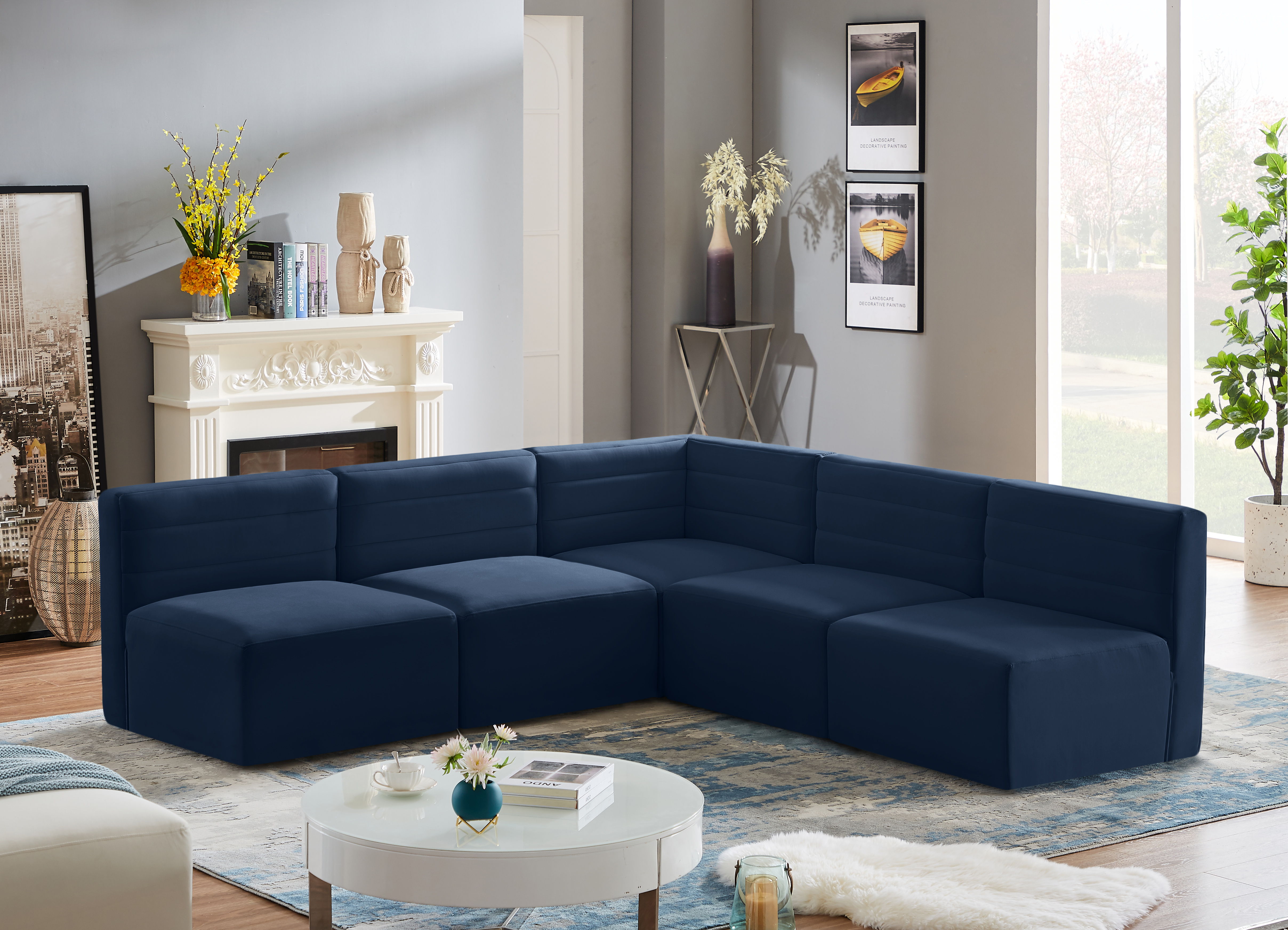 Quincy - 5 Piece Modular Corner Armless Sectional - Navy