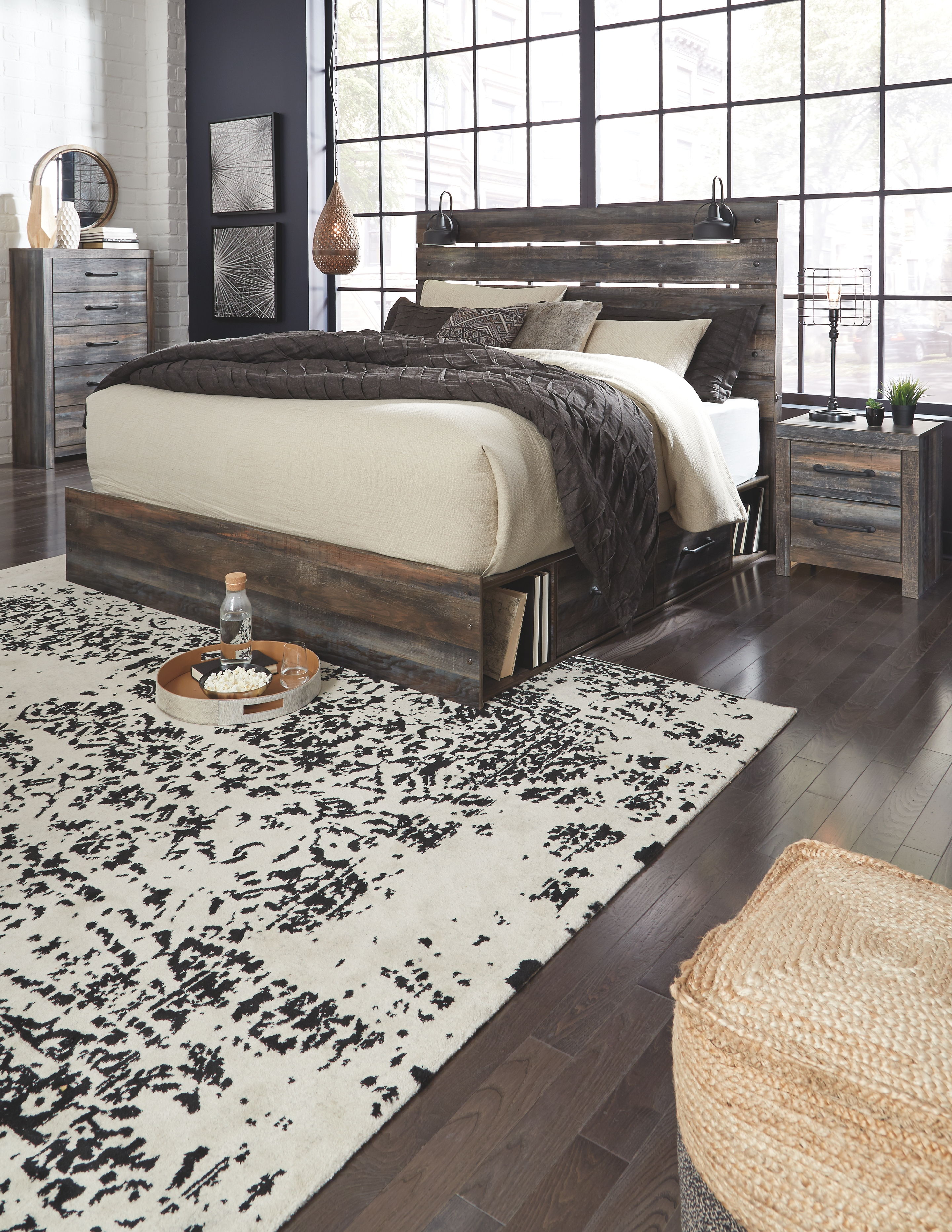 Ashley Furniture Drystan - 9 Pc. - Dresser, Mirror, Chest, King Panel Bed with 2 Side Drawers, 2 Nightstands - Brown / Beige - Image 6