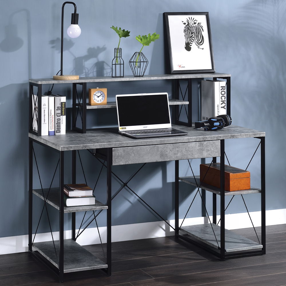 Amiel - Writing Desk - Faux Concrete & Black, gray