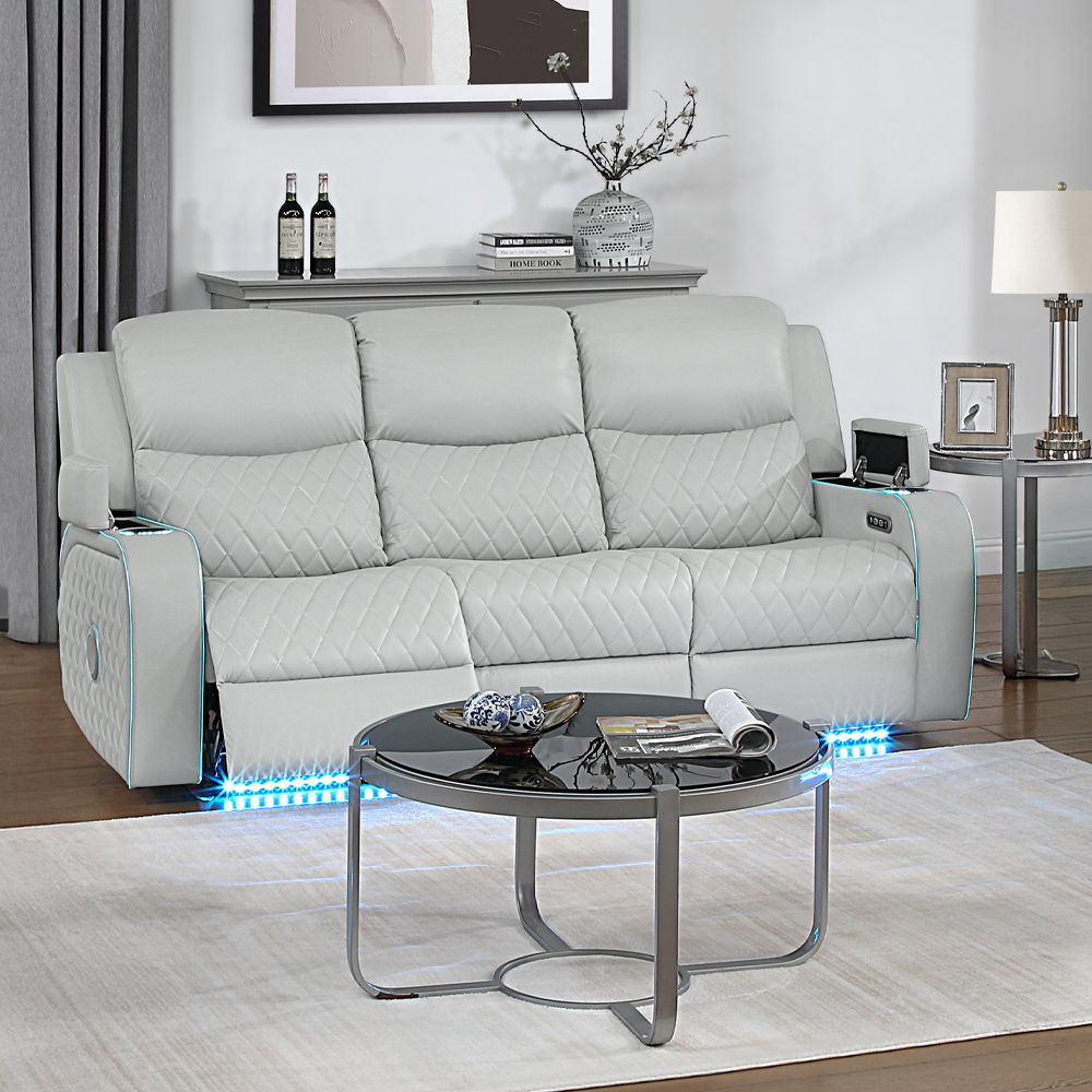 Elonzo - Power Motion Sofa With LED, Power Headrest & Speaker - Light Gray, light gray