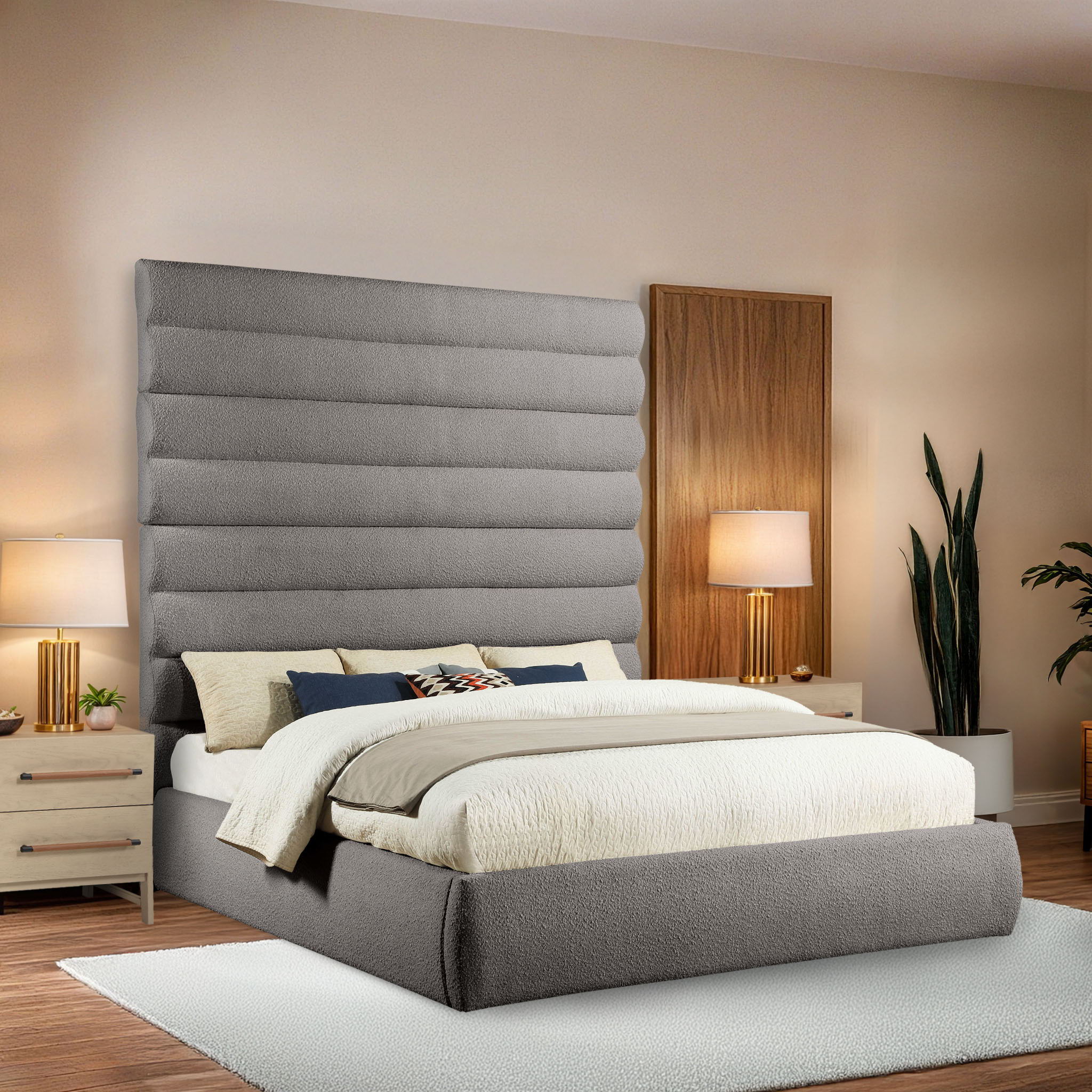 Adam - Boucle Fabric King Bed With 89" Headboard - Taupe