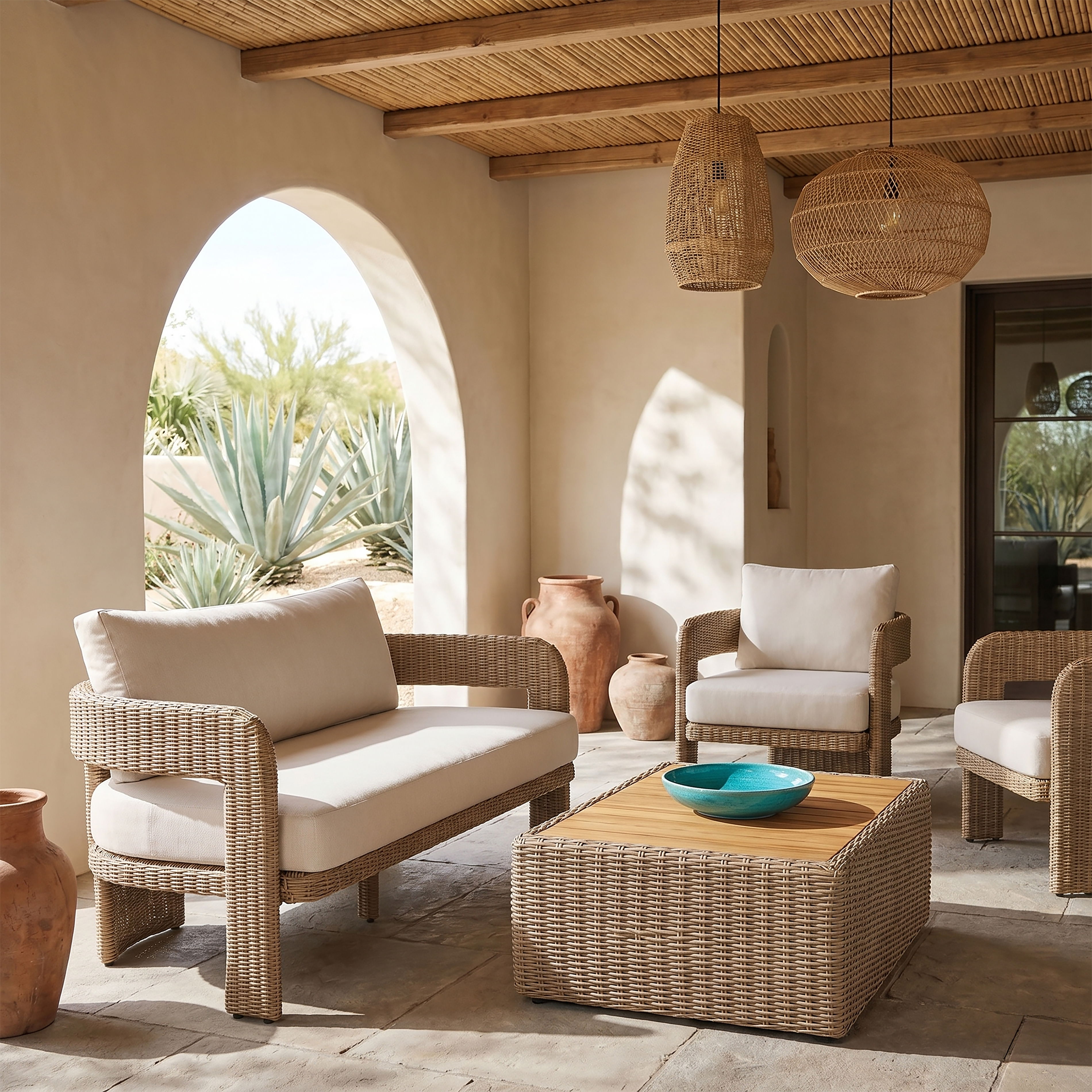Sandbay - Olefin Water Resistant Fabric And Wicker Outdoor Patio Loveseat - Beige