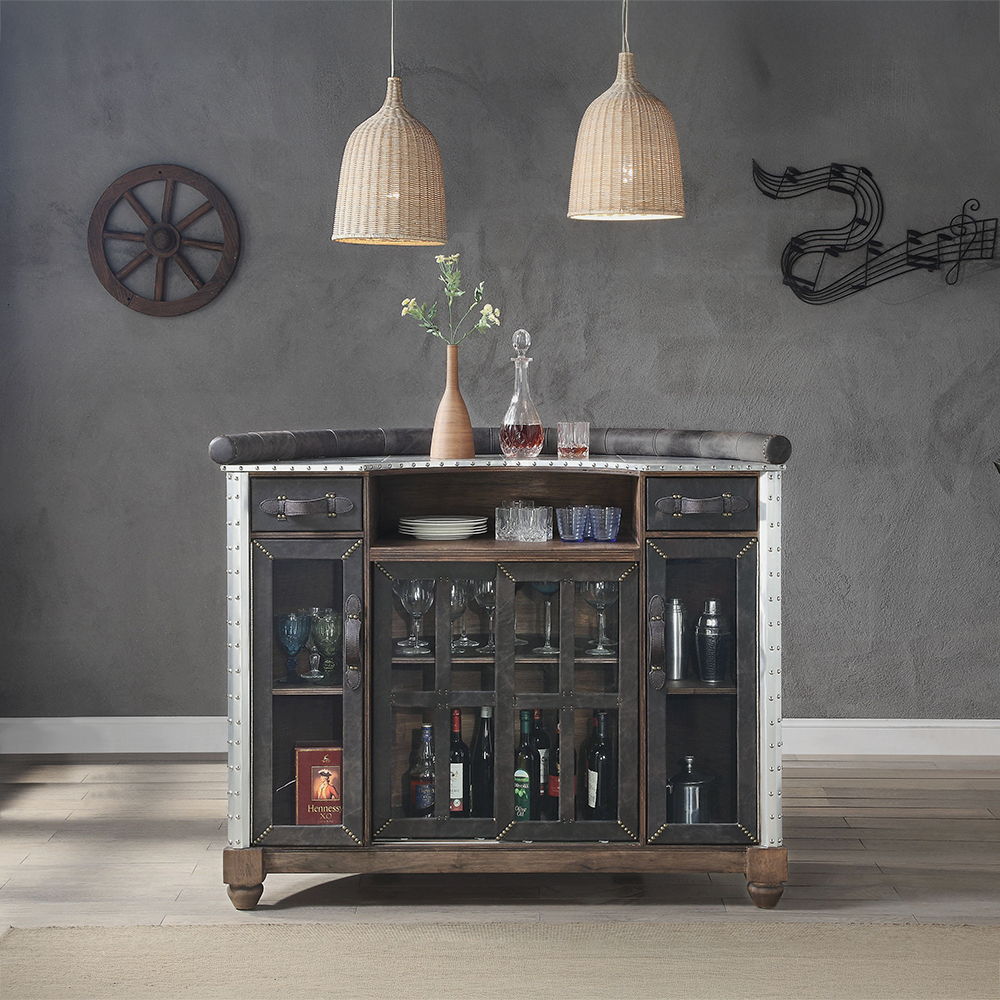 Rahma - Bar Table - Antique Ebony Top Grain Leather & Aluminum, dark gray