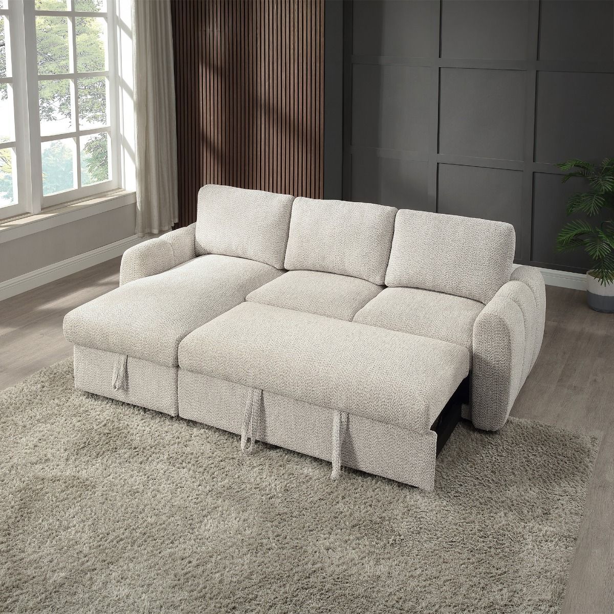 Nuriel - Reversible Sectional Sofa With Sleeper & Storage - Beige Boucle, beige