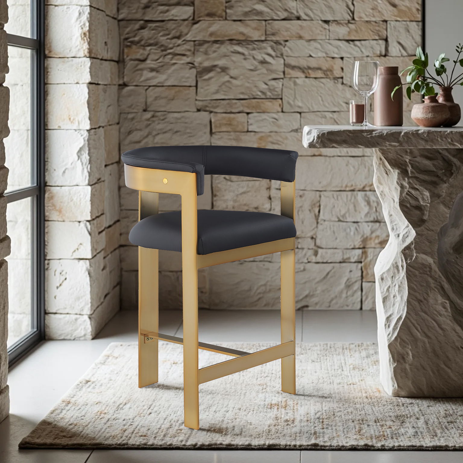 Romeo - Faux Leather Counter Stool With Gold Base (Set of 2) - Black