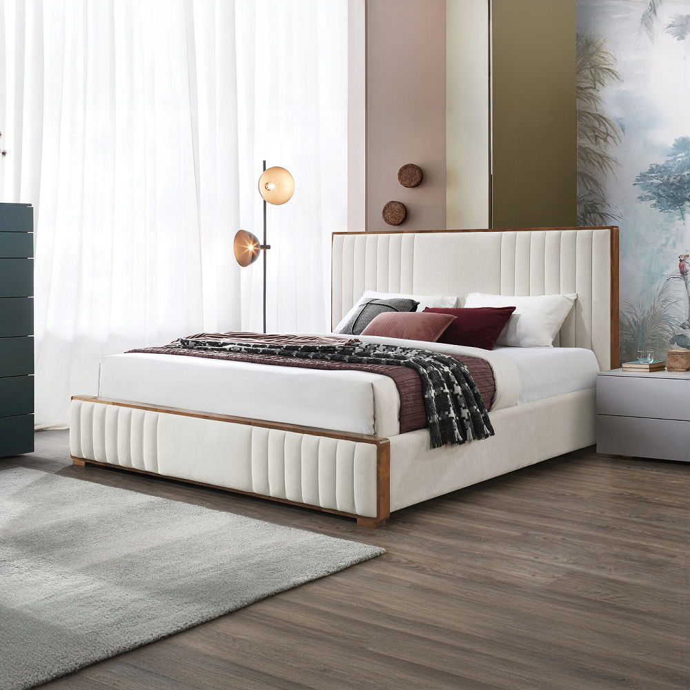Kaleea - Eastern King Bed - Beige Chenille & Walnut, white, view 8