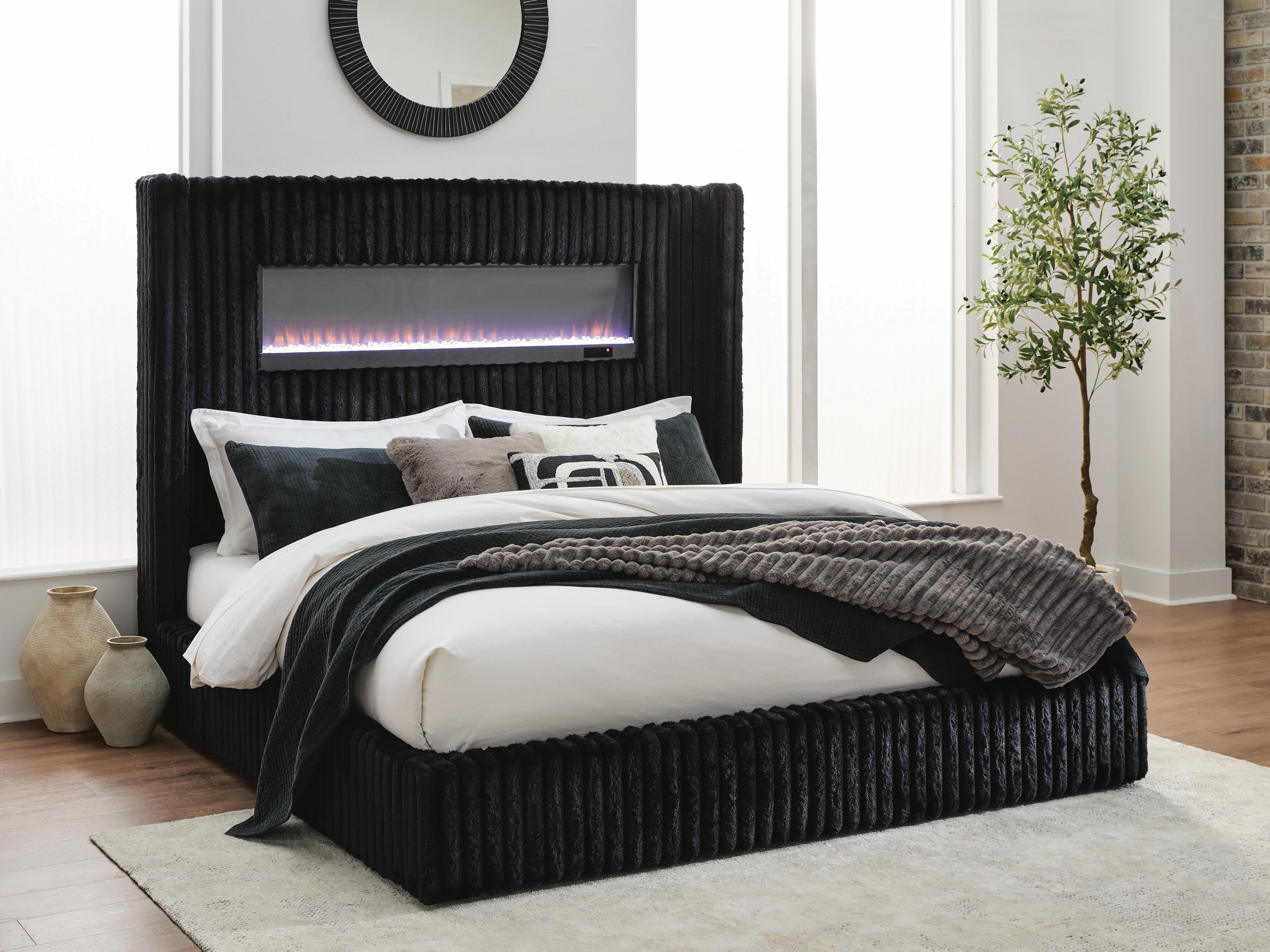 Ashley Furniture Tayleena - Queen Upholstered Bed With Fireplace And Wireless Audio - Black - Image 2