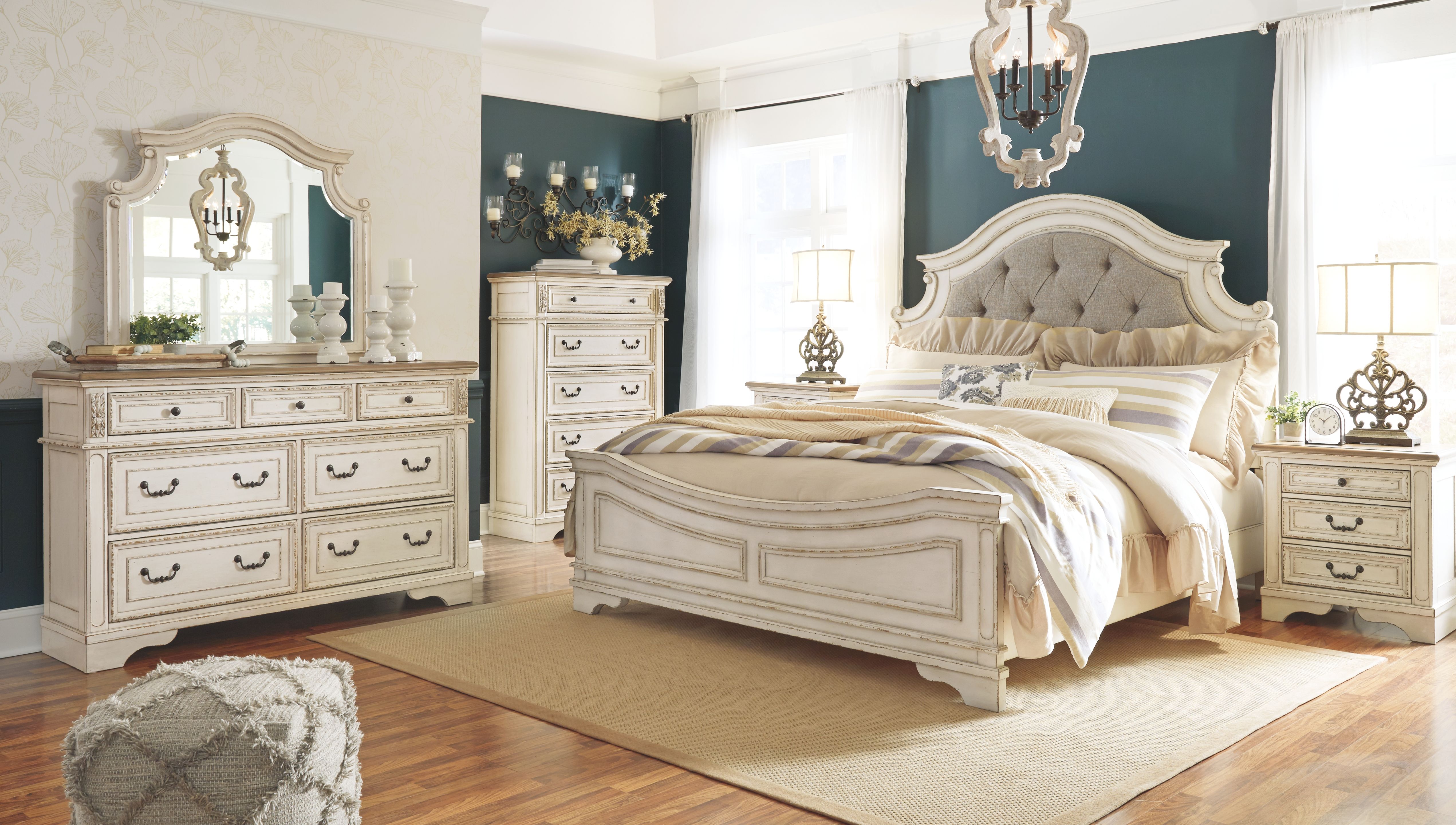 King · 7 Pc · Dresser, Mirror, King Upholstered Panel Bed, 2 Nightstands - Two