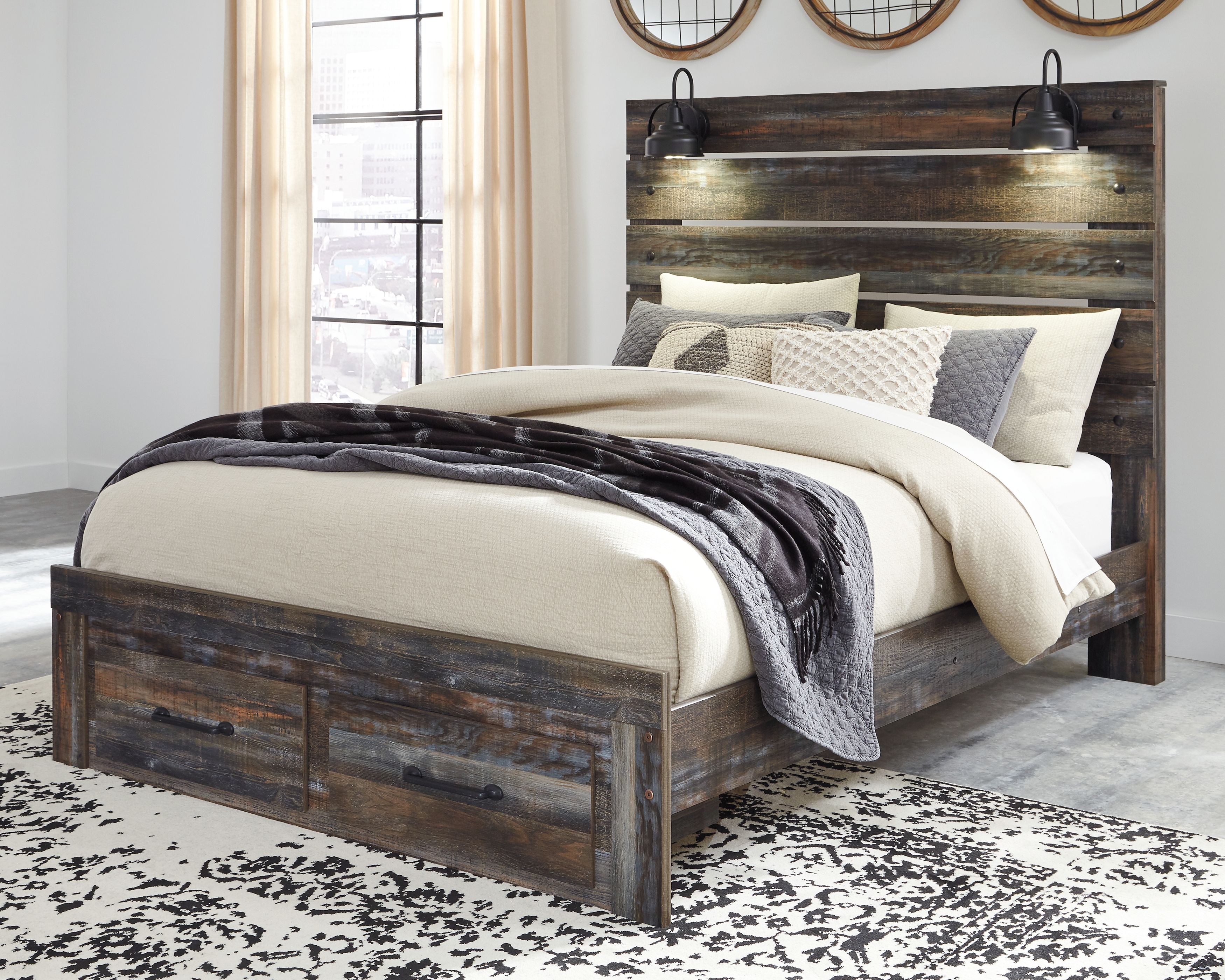 Drystan - Queen Panel Bed With 2 Storage Drawers - Brown / Beige