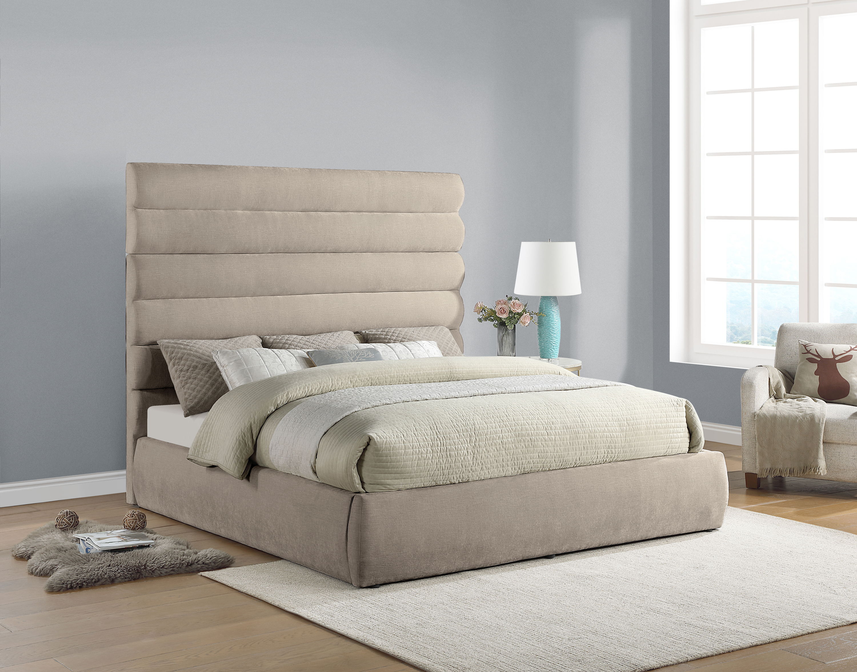 Adam - Chenille Fabric King Bed With 70.5" Headboard - Beige