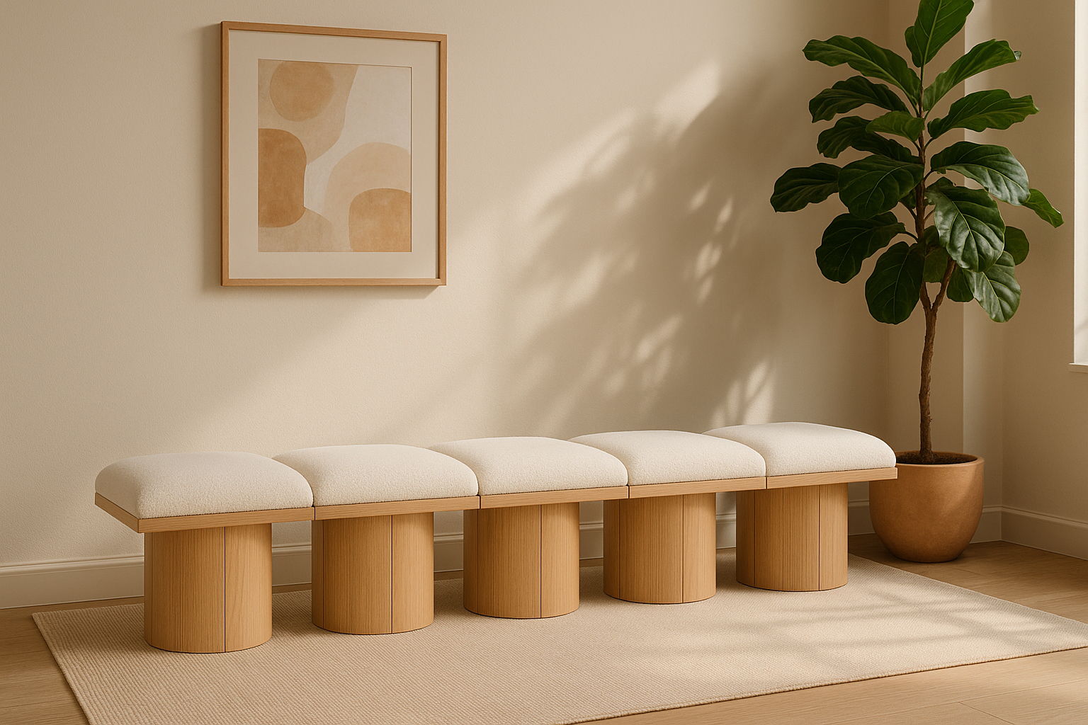 Pavilion - 90" 5 Piece Modular Bench With Natural Base - Cream