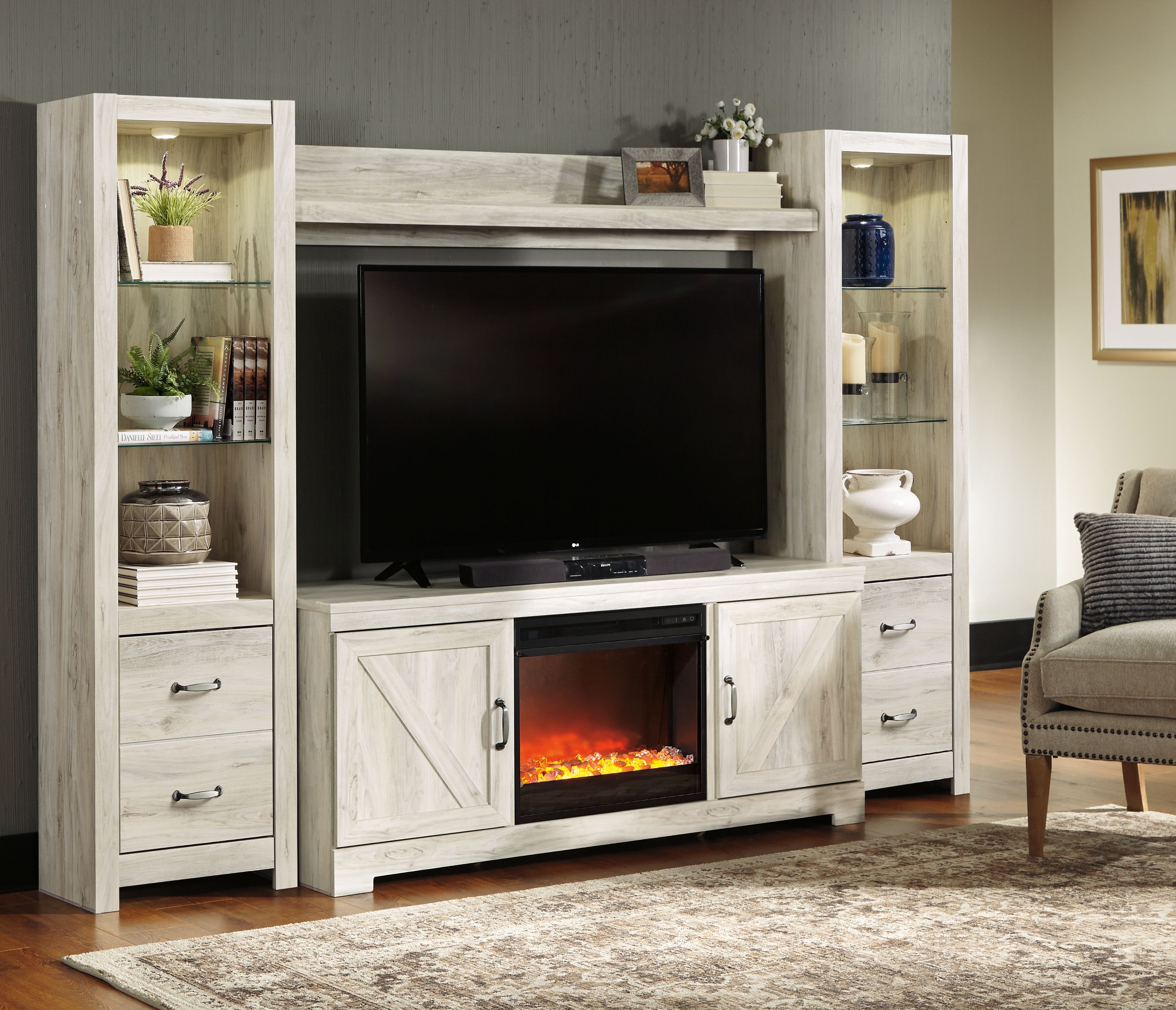 Ashley Furniture Bellaby - 5 Pc. - Entertainment Center - 63" TV Stand With Fireplace Insert Glass/Stone - Whitewash - Image 6