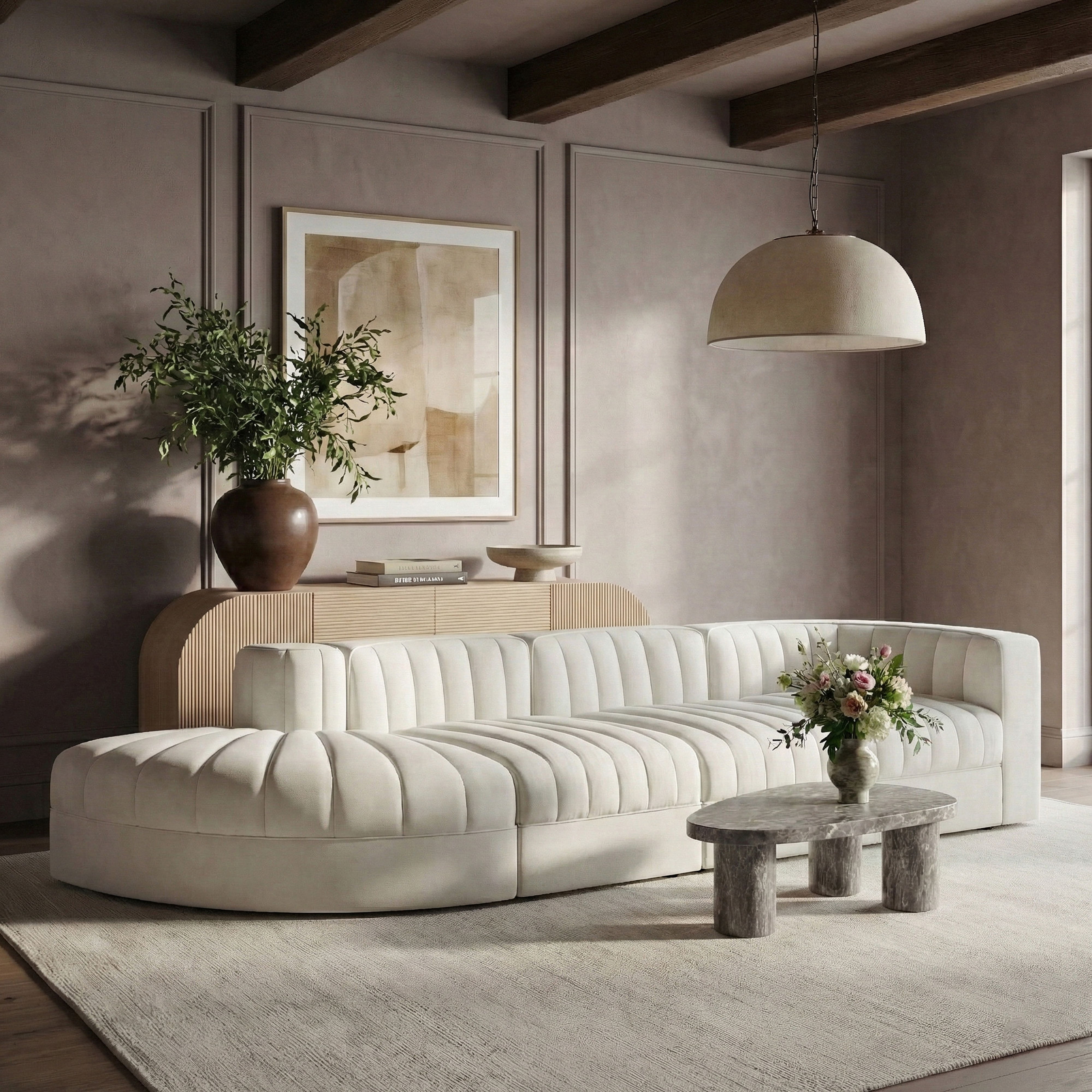Rummi - Velvet Performance Fabric Upholstered 4 Piece Modular Sectional With Reverse Corner Chair - Cream
