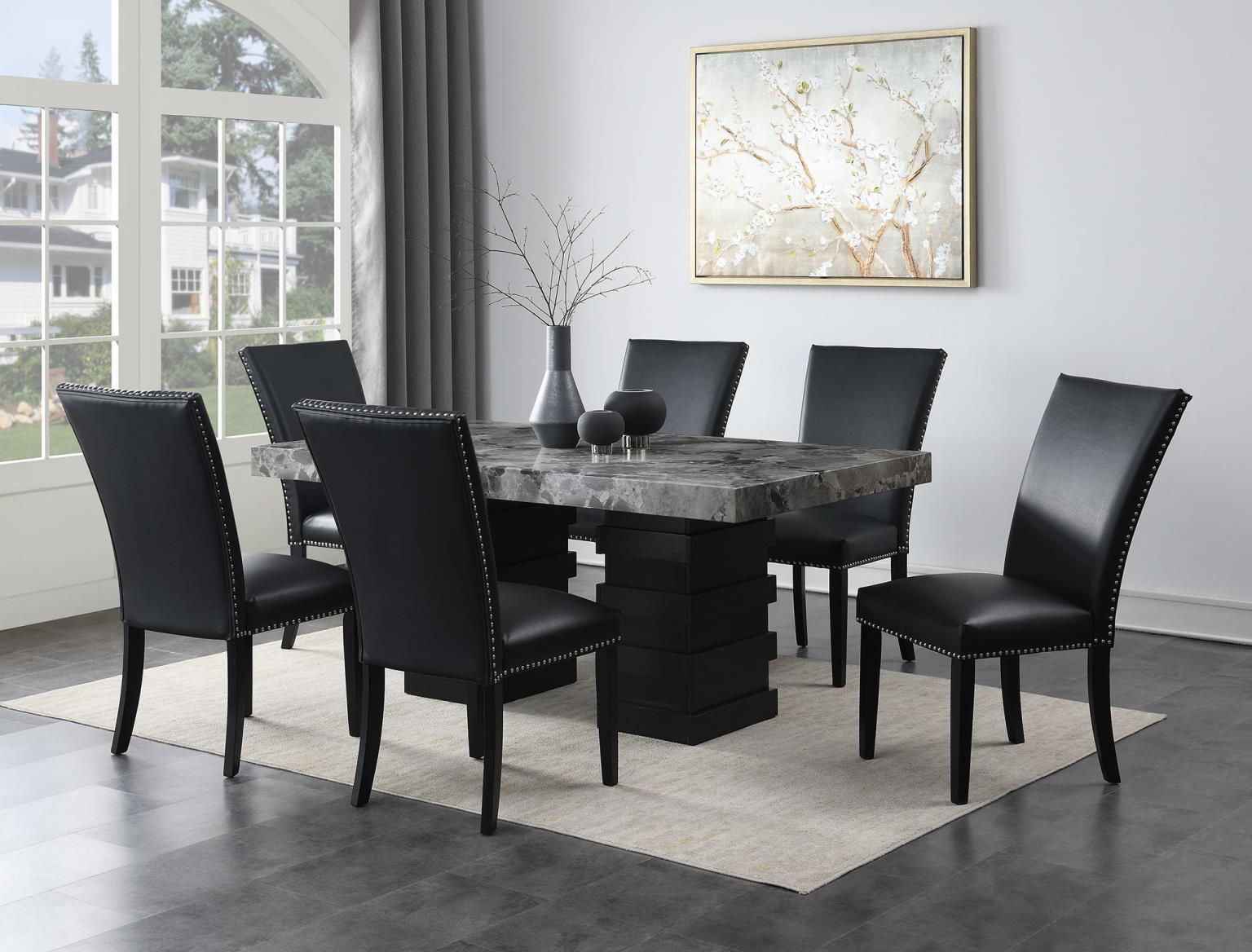 D137 - 7 Piece Dining Room Set (Table, 6 Faux Leather Chairs) - Black