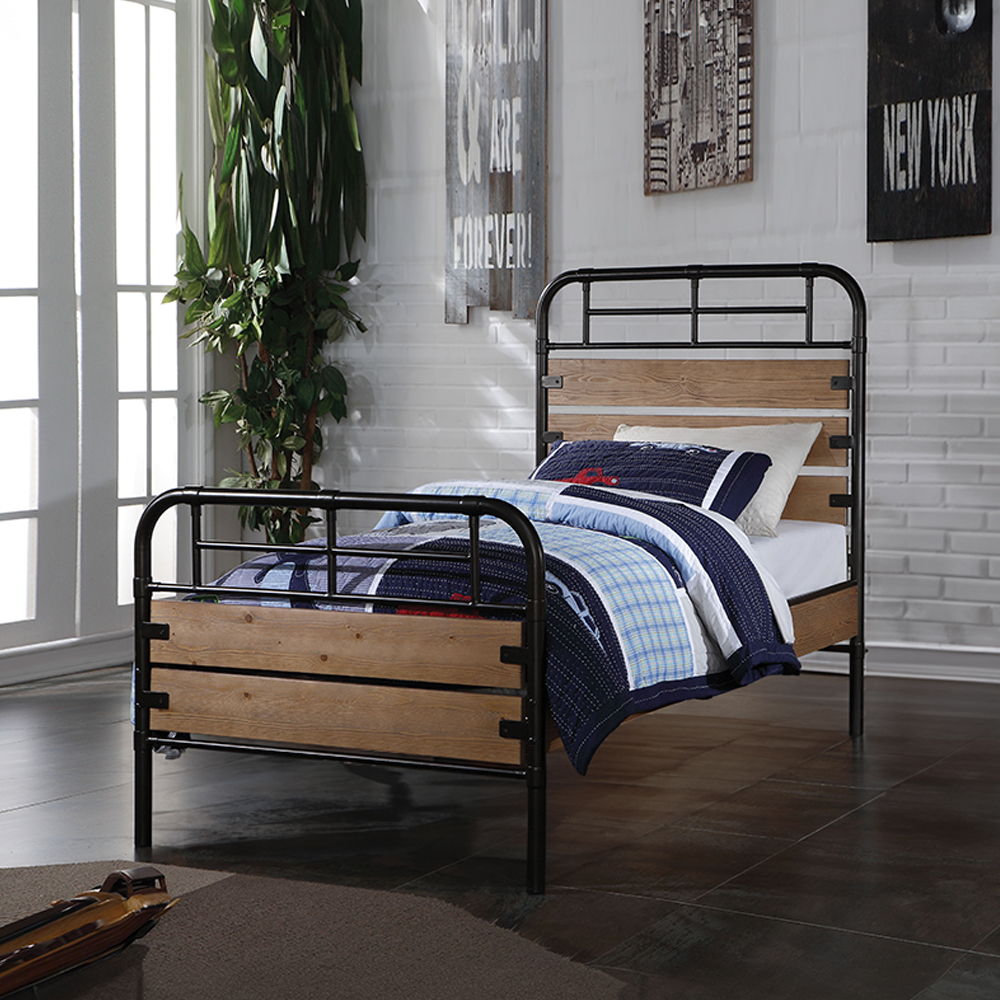 Adams - Twin Bed - Antique Oak & Black, light brown