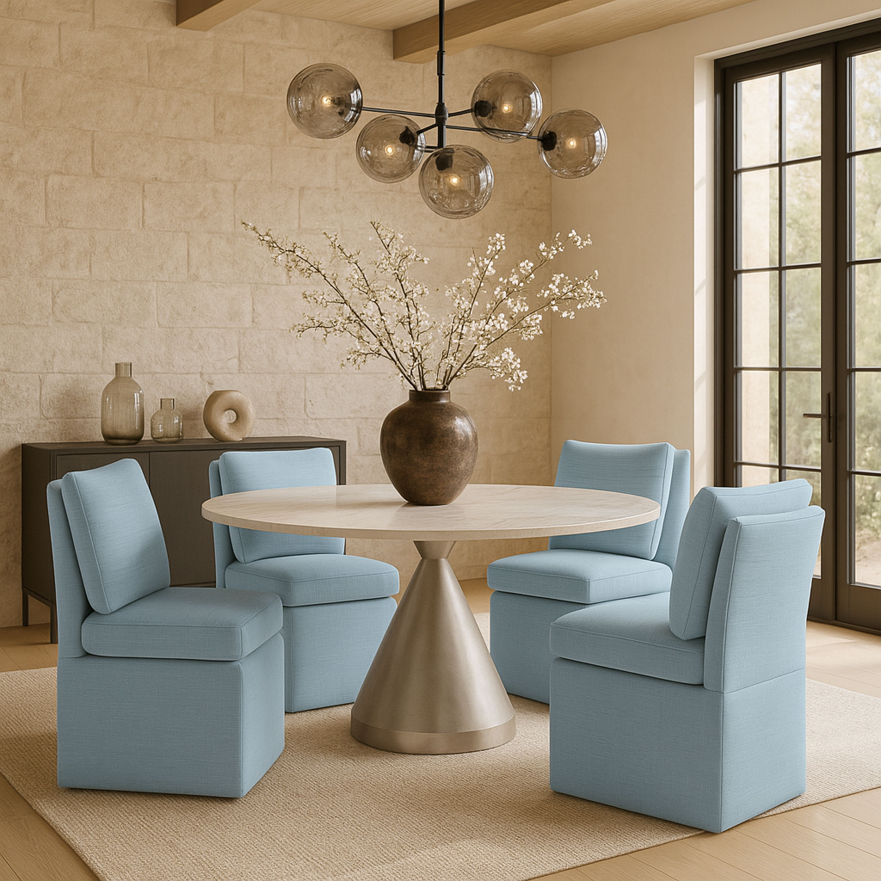 Nelori - Linen Textured Performance Fabric Upholstered Dining Chair (Set of 2) - Light Blue