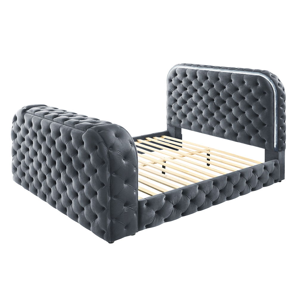 Kana - Queen Bed With LED, Fireplace & TV Stand - Gray Upholstery Velvet, gray, view 5