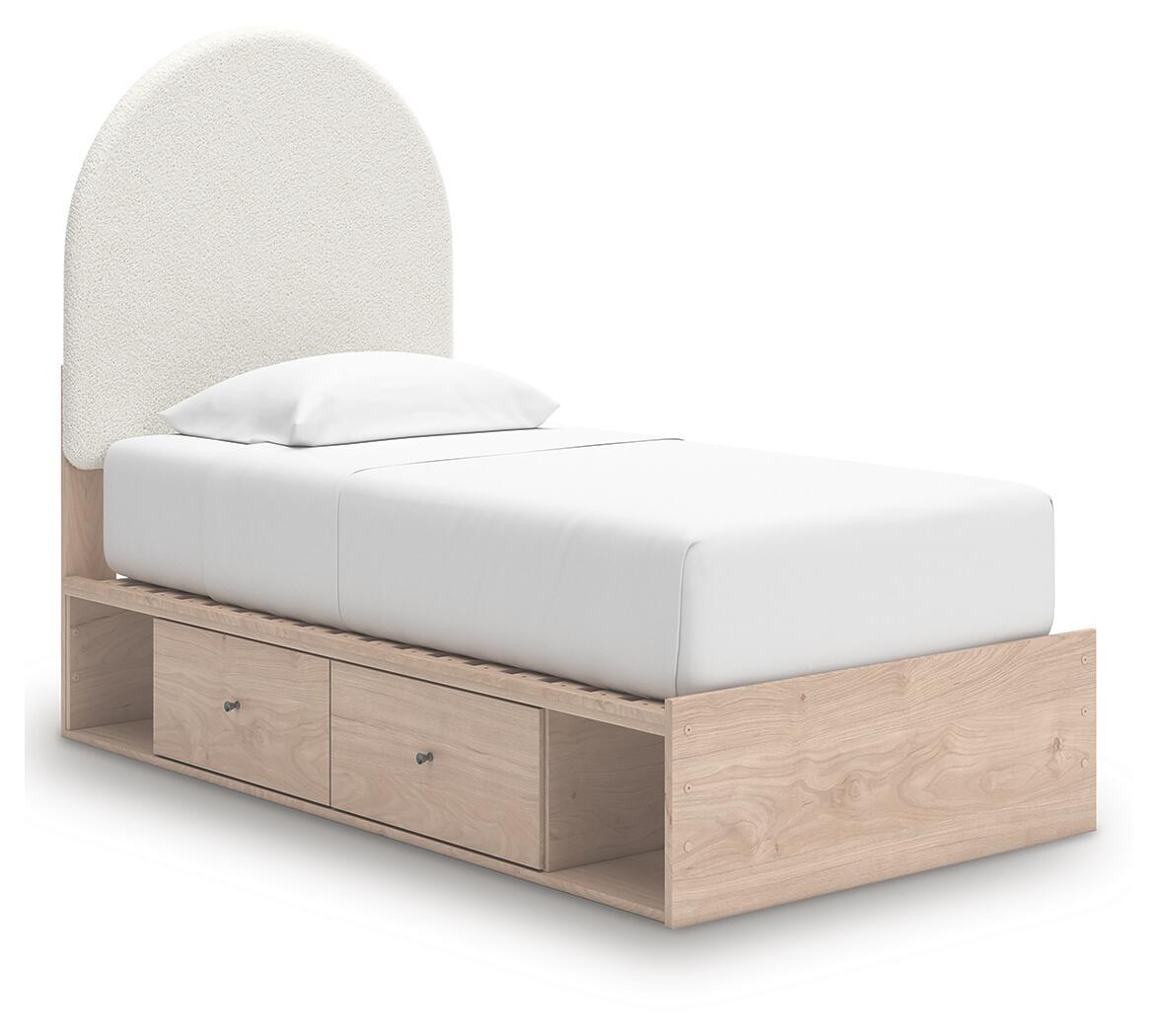 Arloster – Twin Upholstered Panel Bed With 2 Under Bed Storage Units – Tan / White