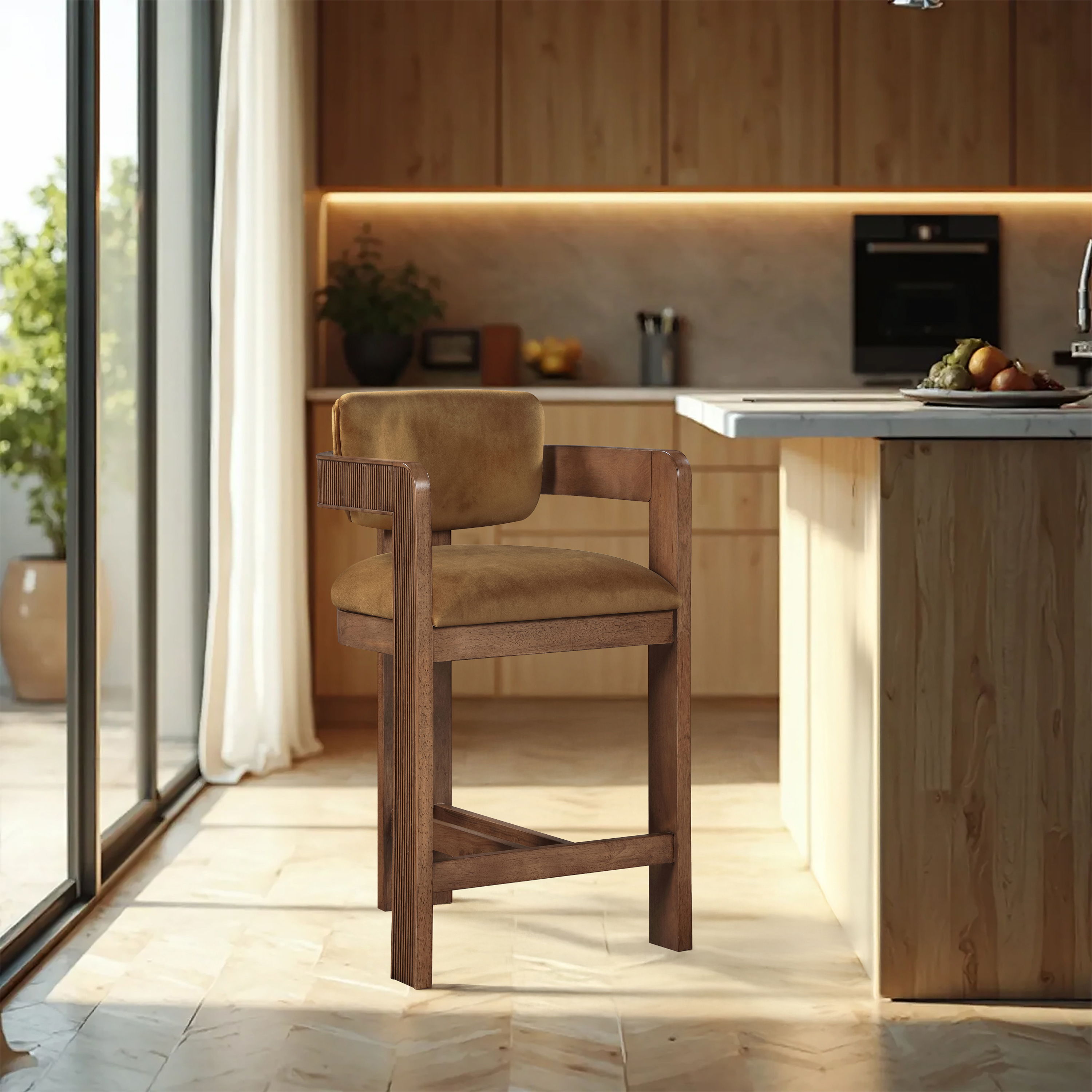 Sacha - Velvet Stool With Brown Base - Saddle