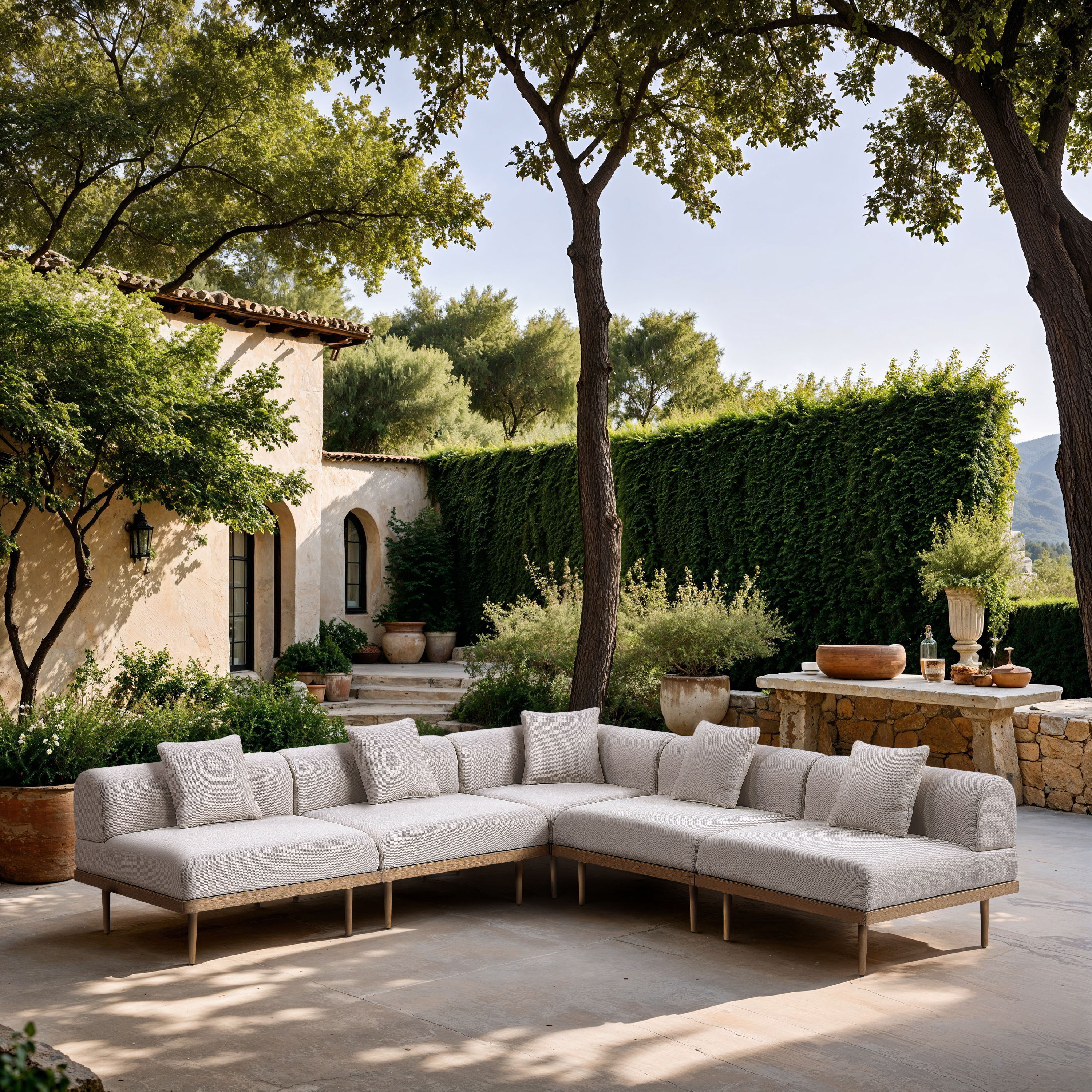 Laguna - 5 Piece Resilient Water Resistant Fabric 106.5" Upholstered Outdoor Patio Modular Sectional - Beige