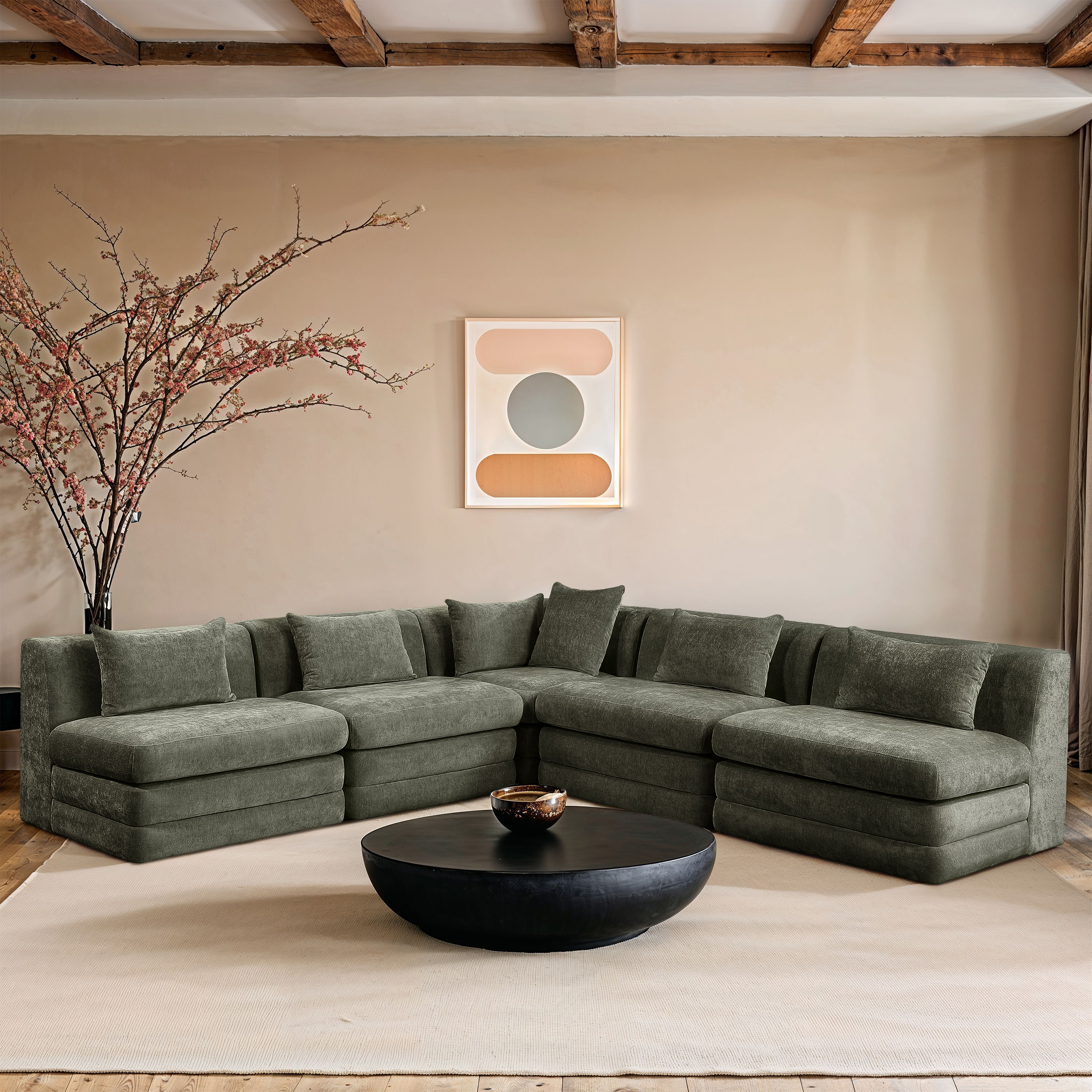 Stellar - 5 Piece Chenille Fabric 114" Upholstered Modular Sectional - Green
