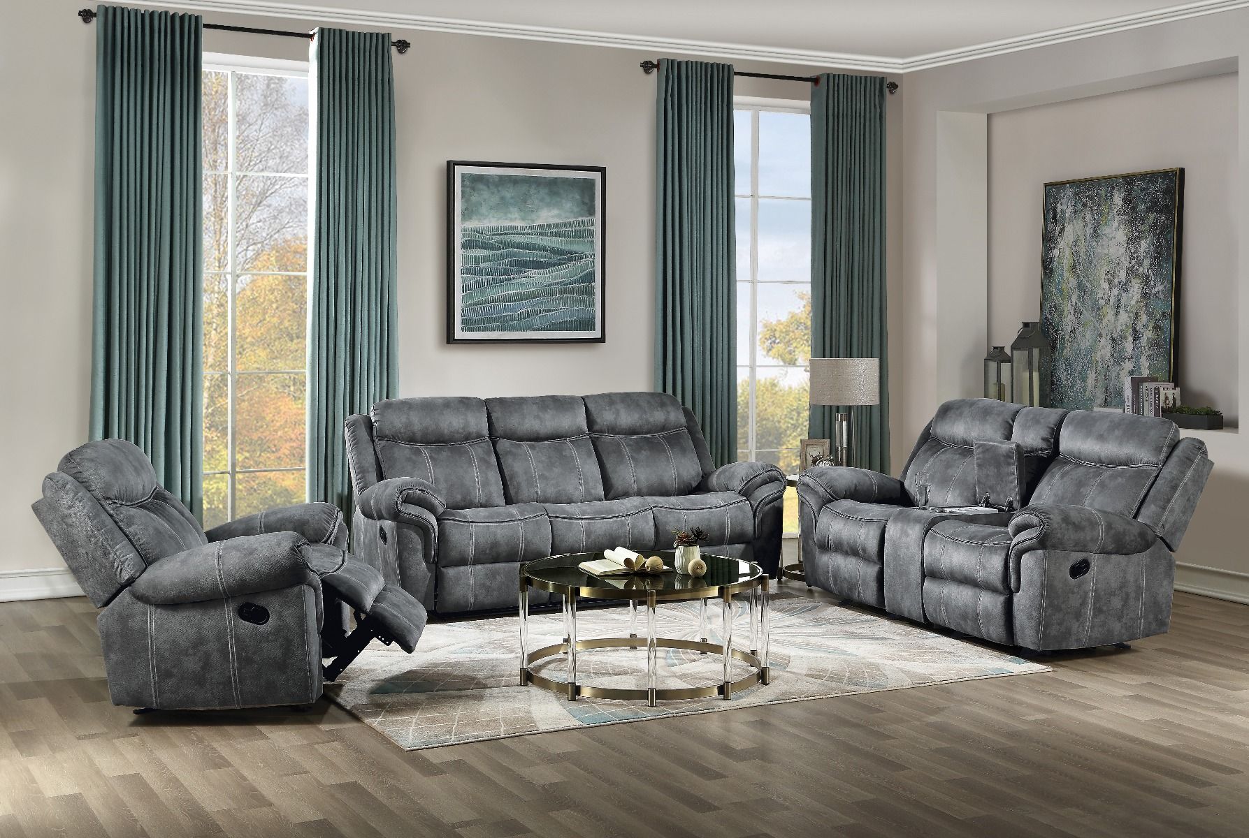 Zubaida - Motion Loveseat & Console With USB - Two Tone Gray Velvet, dark gray
