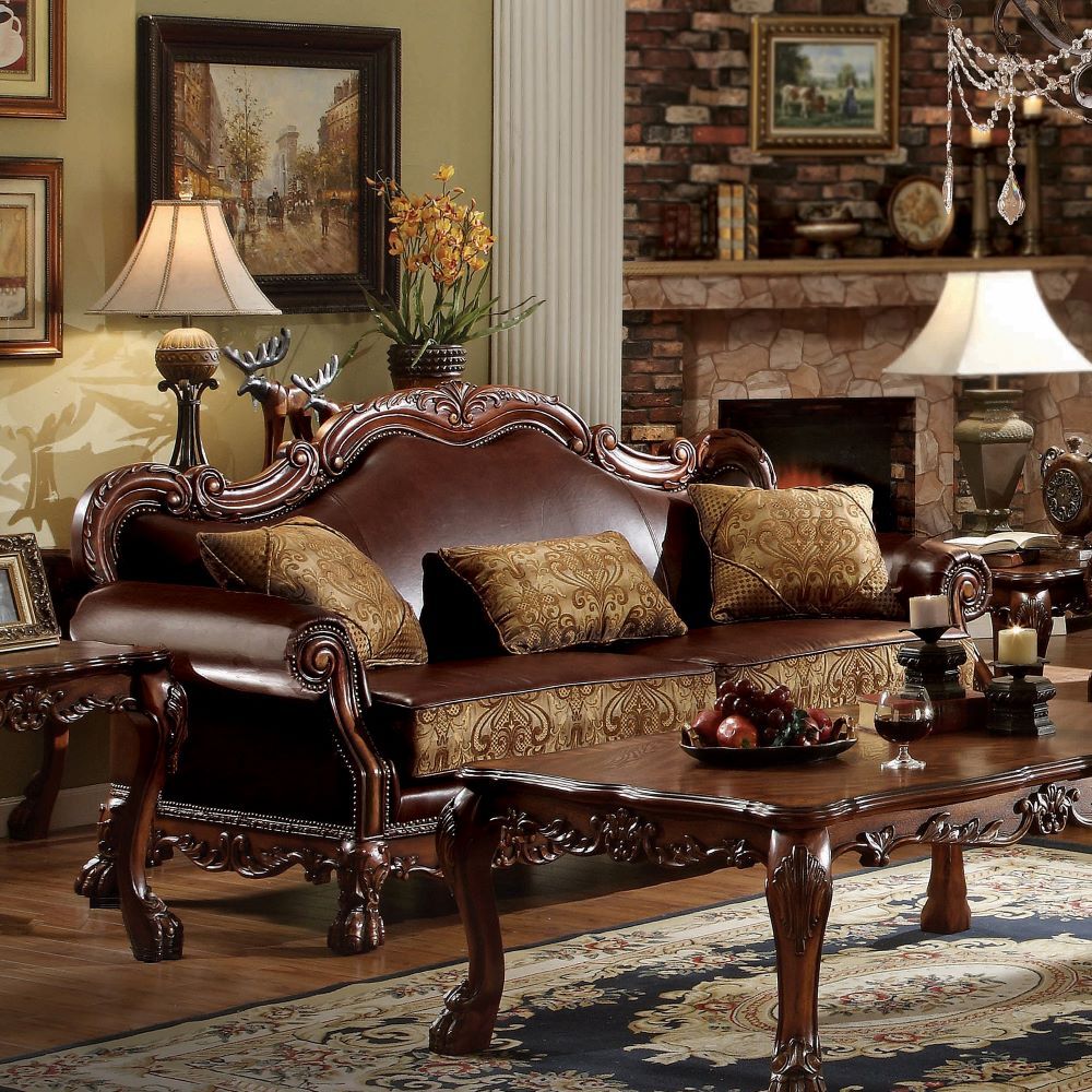 Dresden - Sofa With 3 Pillows - Brown Synthetic Leather & Chenille, Cherry Oak, dark brown