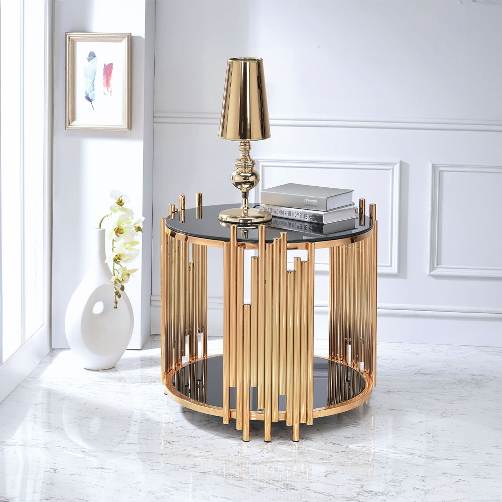 Tanquin - End Table - Black Glass & Gold, black