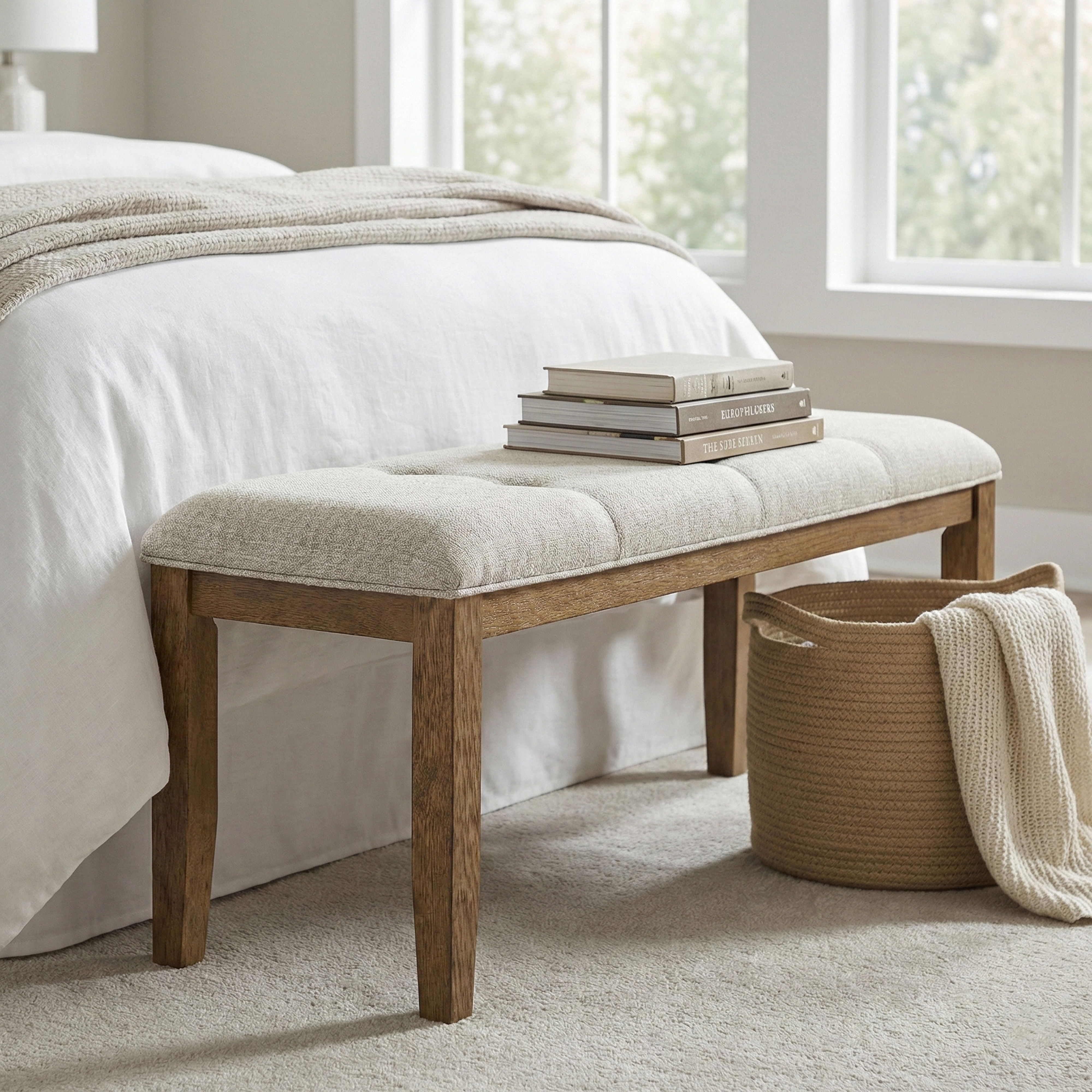 Ananda - Fabric Upholstered Bench - Beige / Brushed Brown