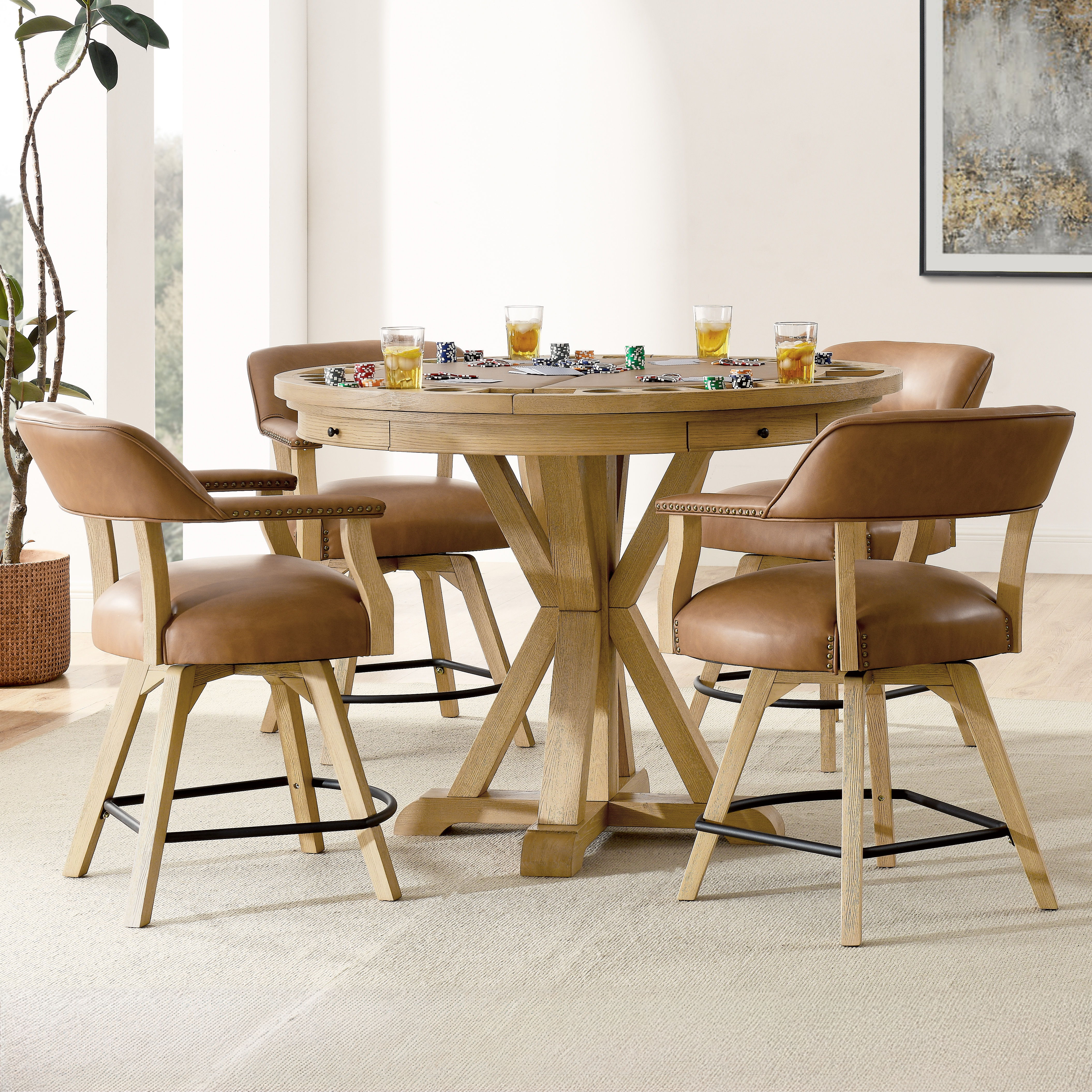 Rylie - 6 Piece Dining Set (Game Top Counter Table & 4 Counter Chairs) - Sand / Brown