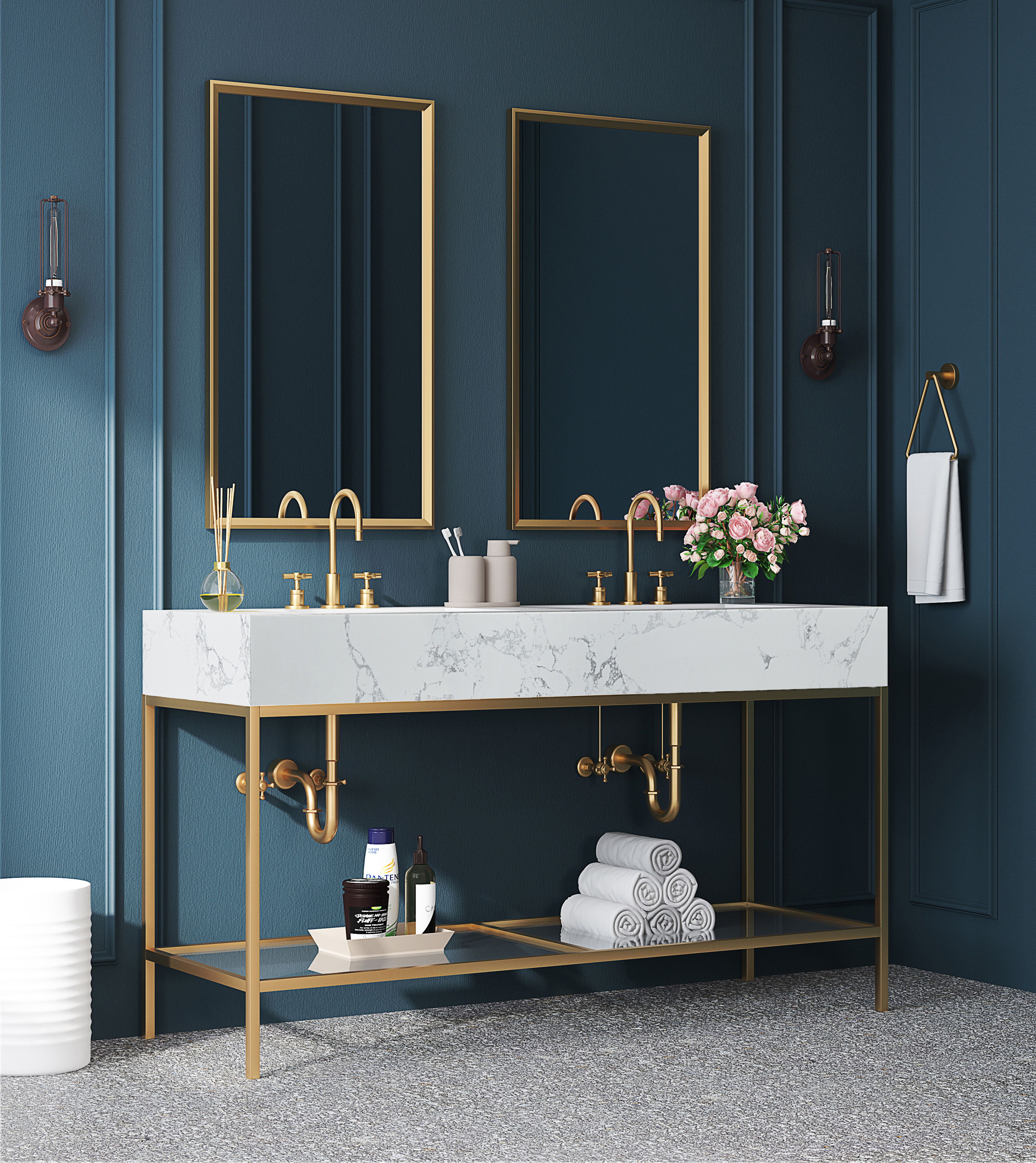 Marmo - 60" Engineered Marble Bathroom Vanity With Gold Base - White