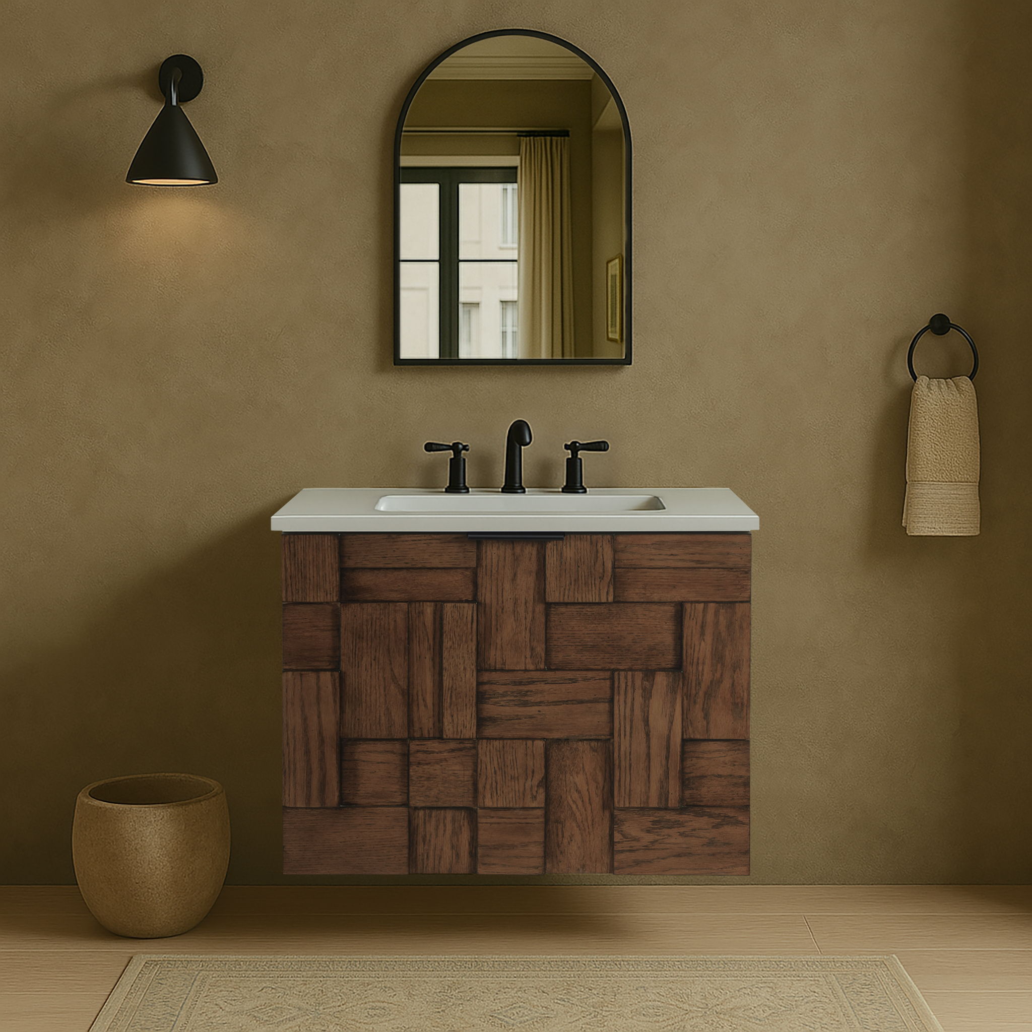 Leonardo - Engineered Stone And Solid Wood 24" Wall Mounted Bathroom Vanity - Brown