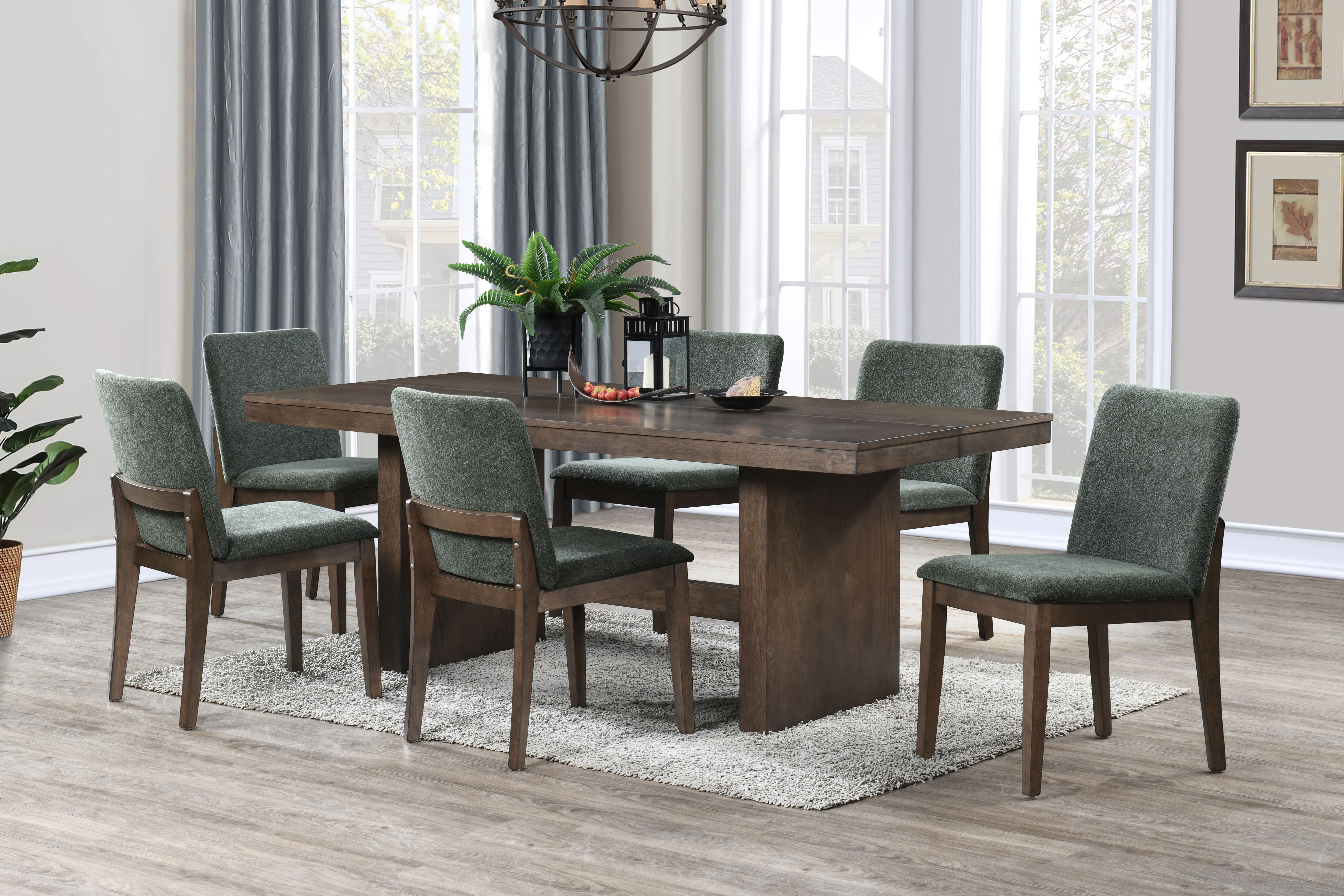 Kody - 79" Rectangle Fixed Top Dining Table With 6 Chair - Brown / Forest Green