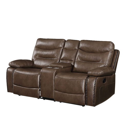 Aashi - Motion Loveseat With Console - Brown Leather-Gel Match, dark brown
