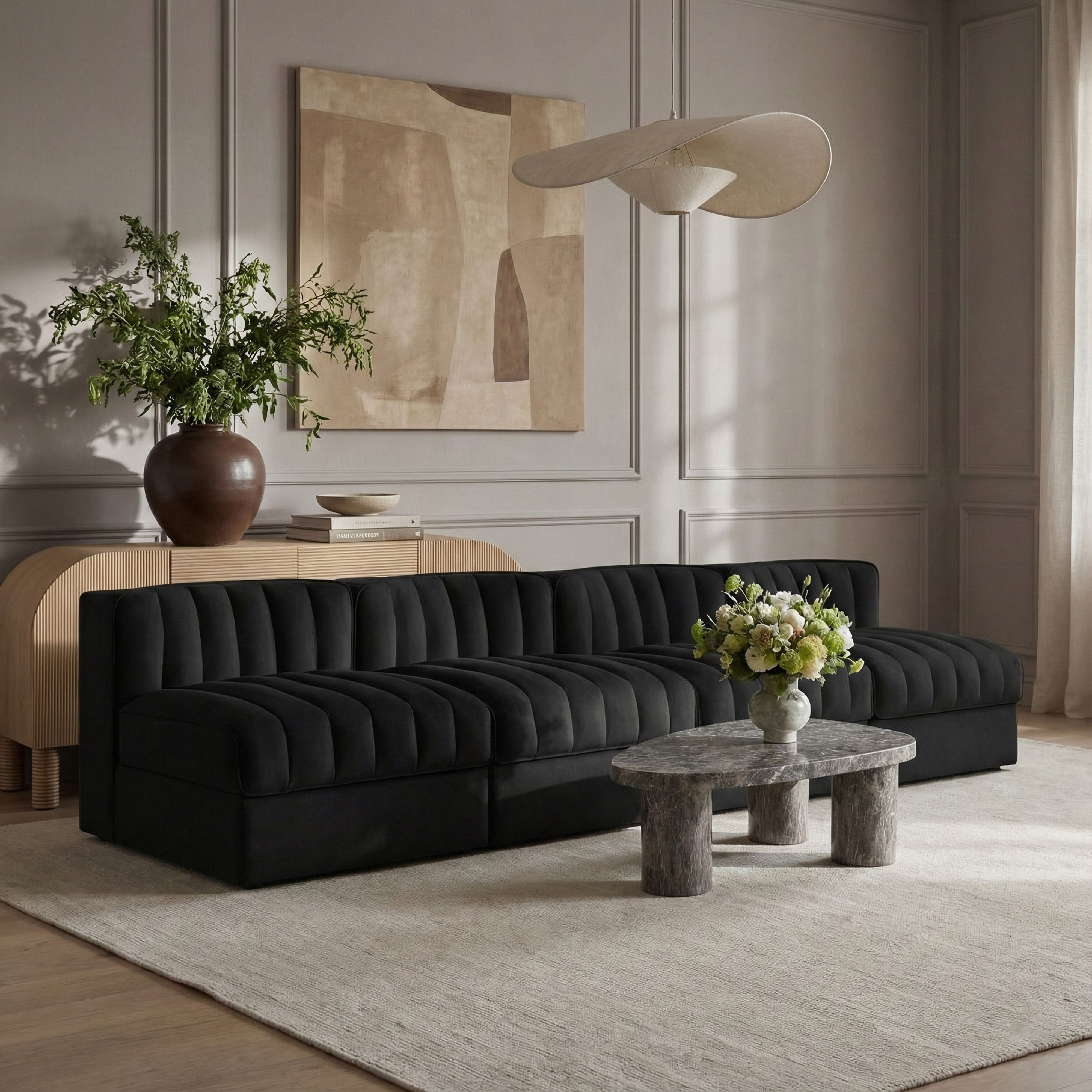 Rummi - Armless Velvet Performance Fabric Upholstered 4 Piece Modular Sofa - Black